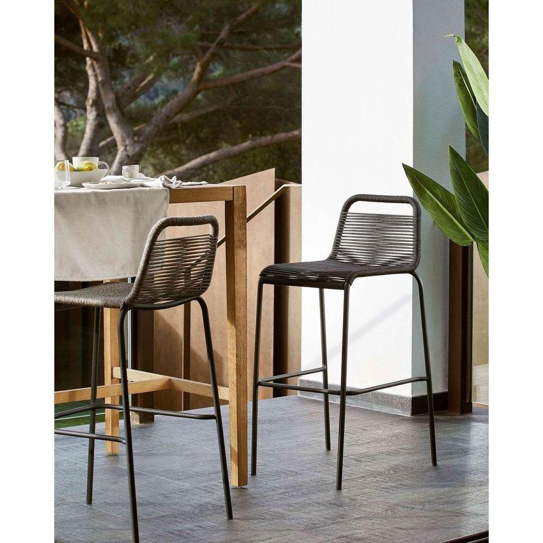 Barhocker Outdoor Garten Lambton aus schwarzem Seil und Stahl mit schwarzem Finish Höhe 62 cm