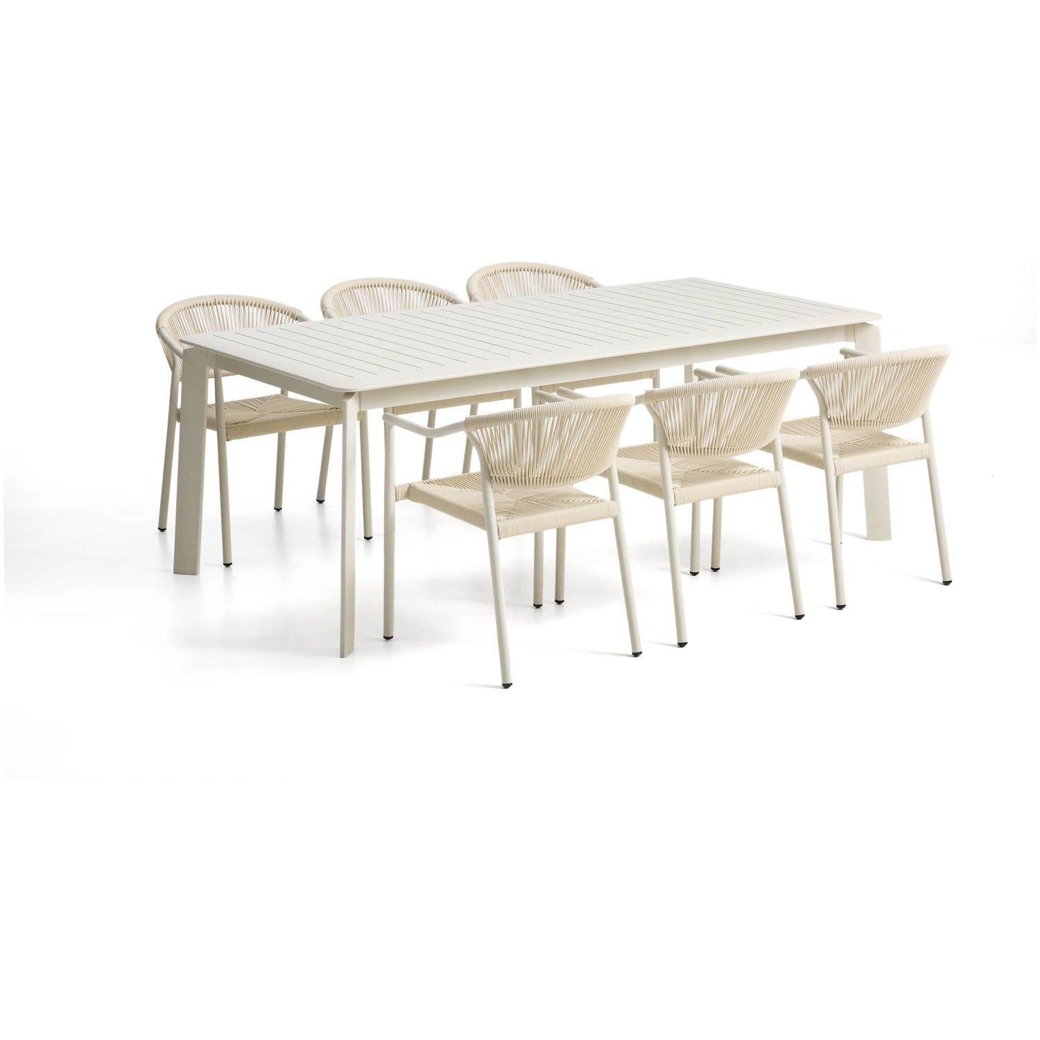 Ausziehtisch Brela aus Aluminium und 6 Stapelstühle Livadia aus Aluminium und ecrufarbenem