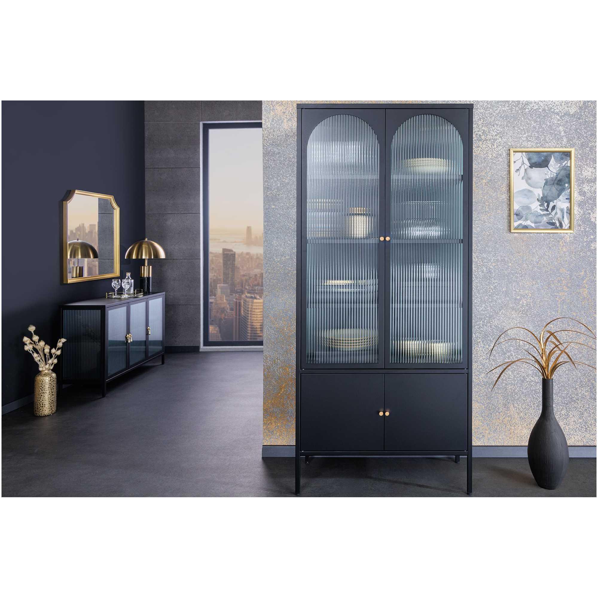 Standvitrine Cologne Metall schwarz geriffeltes Glas 80x180