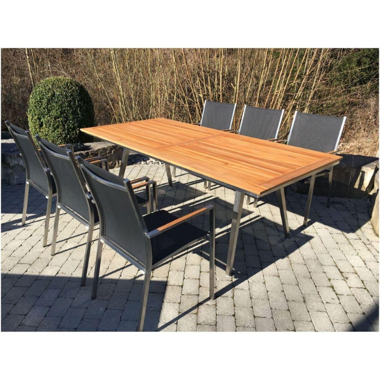 Edelstahl Gartenstuhl Armlehne mit Teakholz Zoyo stapelbar Textilene schwarz