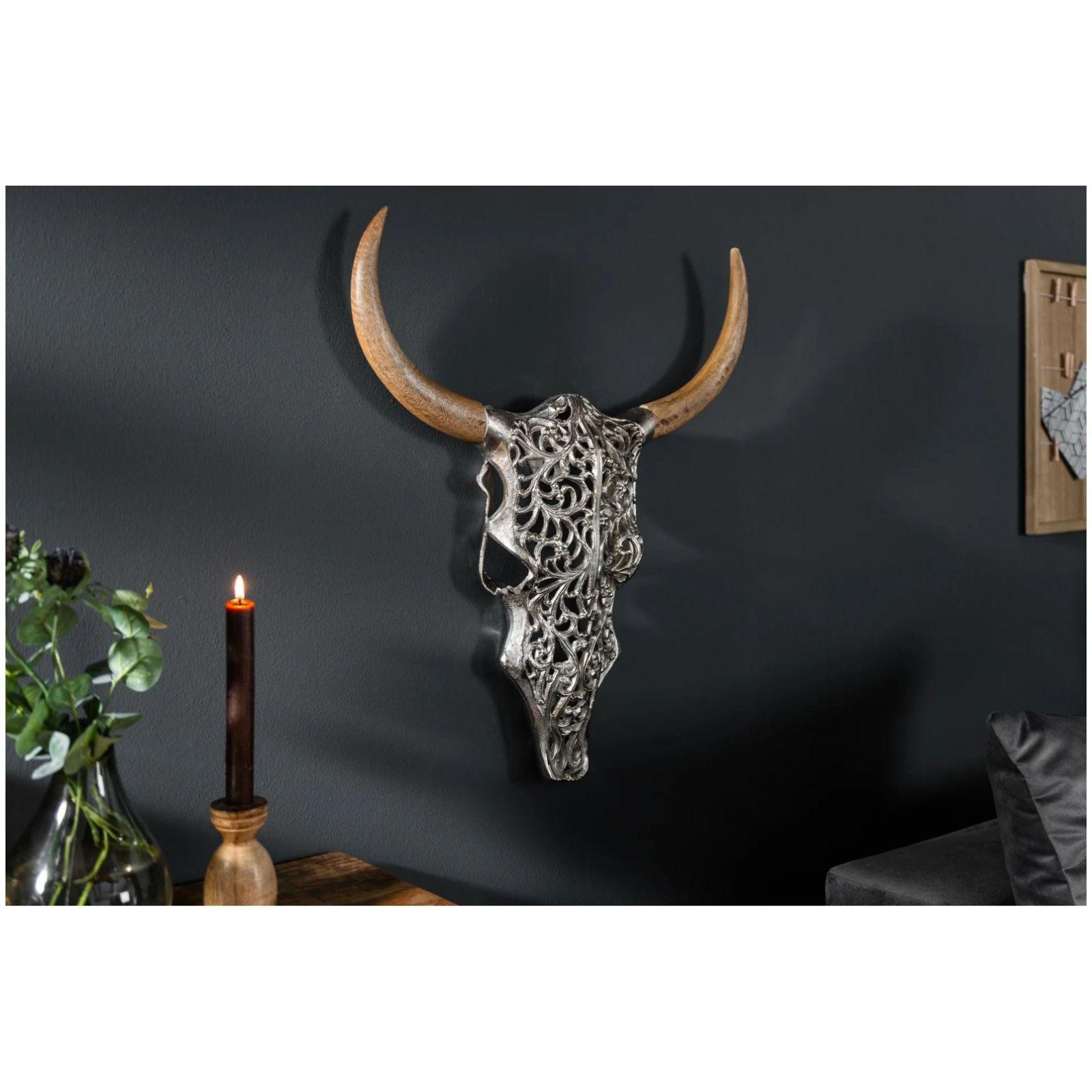 Wanddekoration Exotic Skull 57cm Metall silber Mangoholz