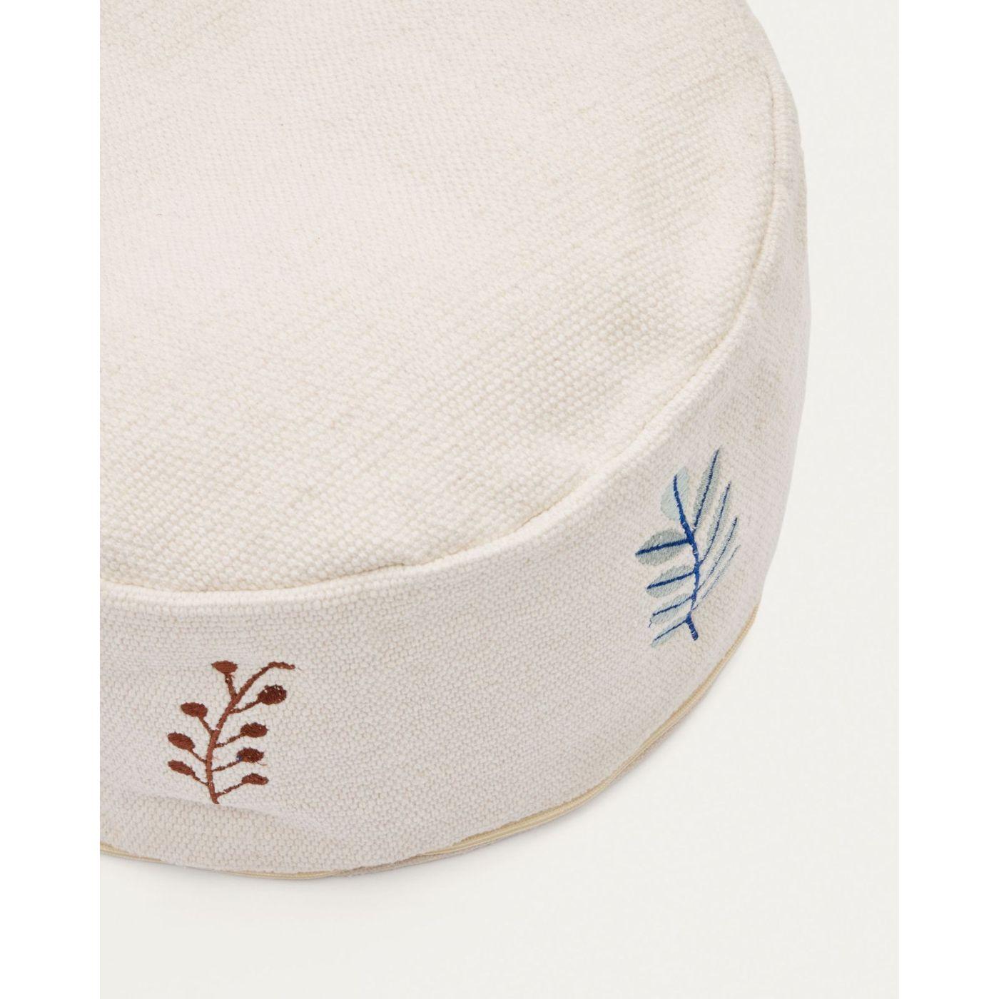 Yanil Puff aus 100% Baumwolle weiss mit bunten Blättern bestickt Ø 40 cm