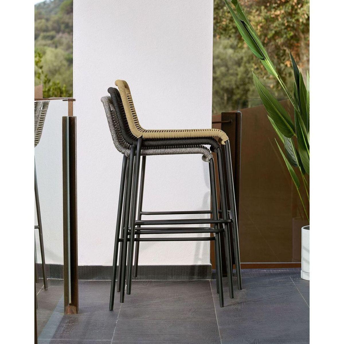 Barhocker Outdoor Garten Lambton aus braunem Seil und Stahl mit schwarzem Finish Höhe  62 cm