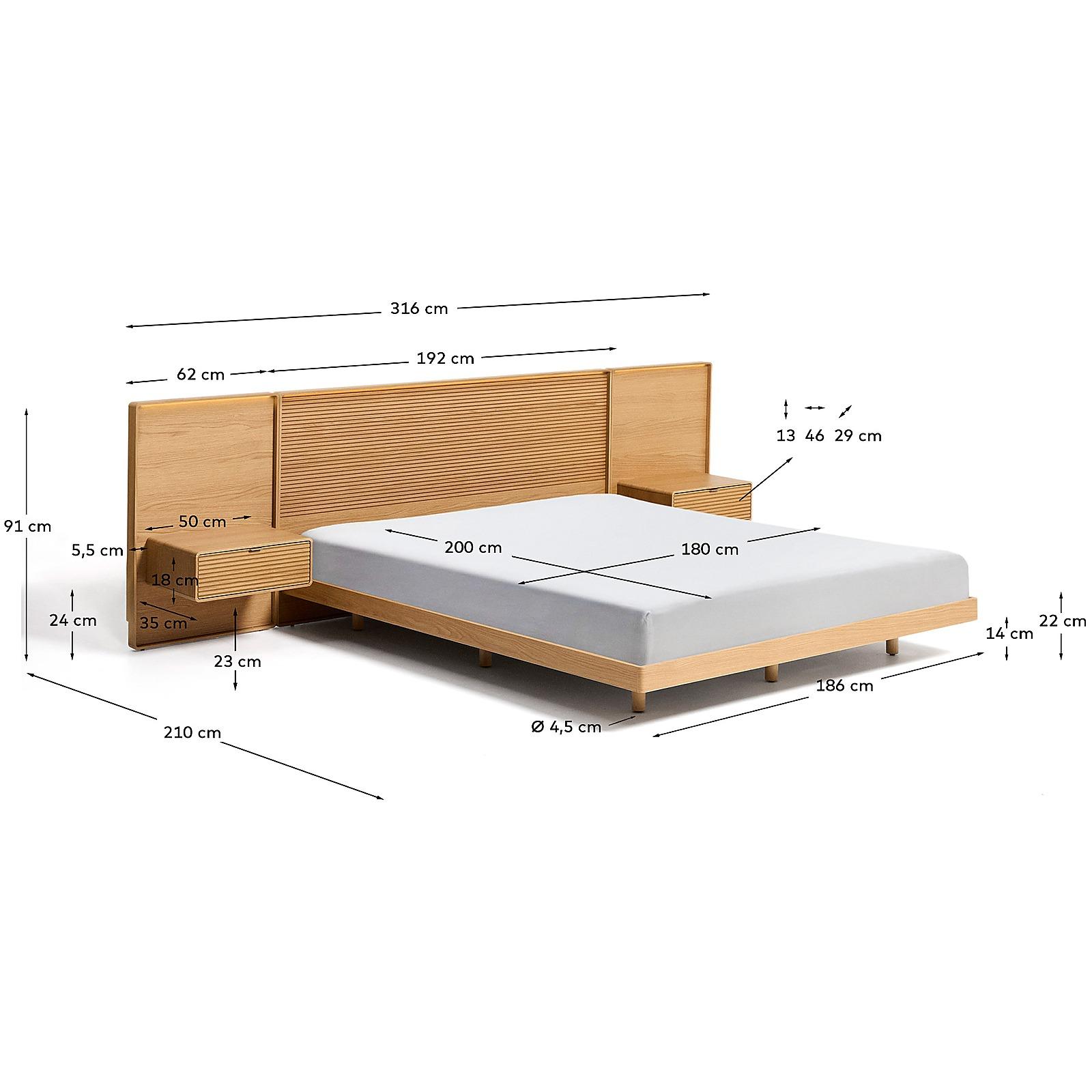 Bett Norlen mit 2 Nachttischen aus Eichenfurnier mit naturfarbenem Finish und LED-Licht für Matratzen 180x200 FSC Mix Credit