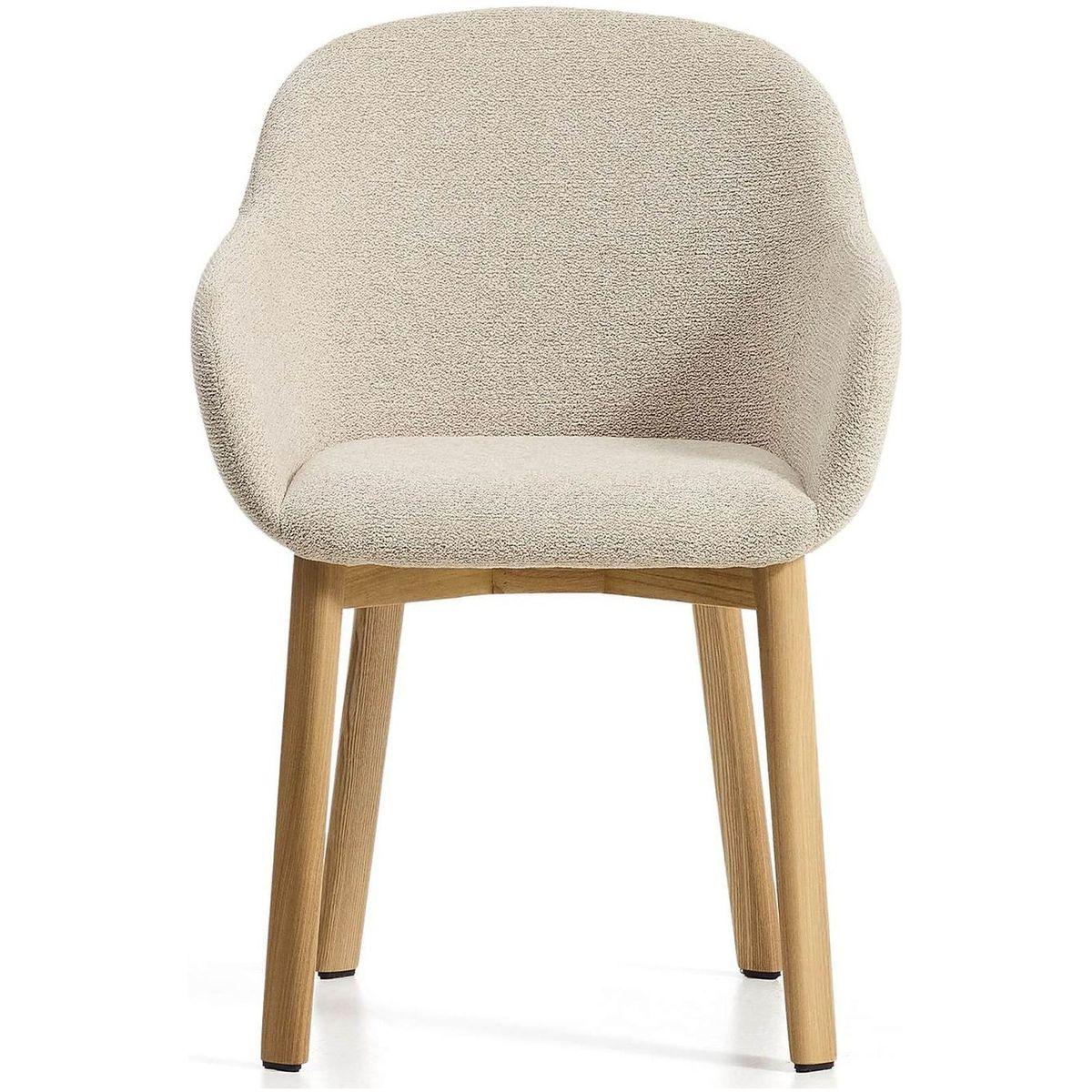 Armlehnenstuhl Meila mit beiger Chenille und Beinen aus massivem Eschenholz mit naturfarbenem Finish