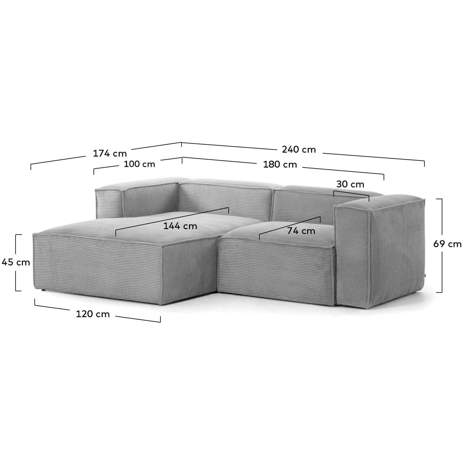 2-Sitzer-Ecksofa Blok mit dickem grauen Cord und Chaiselongue links 240x174 FSC Mix Credit
