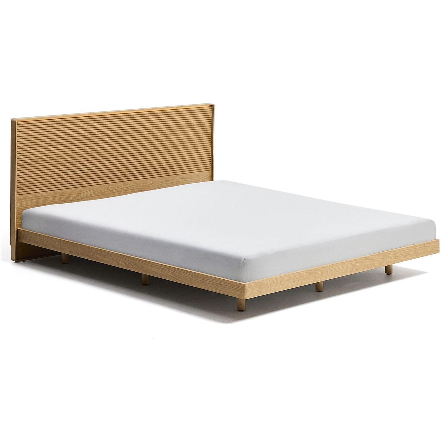 Bett Norlen aus Eichenfurnier mit naturfarbenem Finish und LED-Licht für Matratzen 160x200 FSC Mix Credit