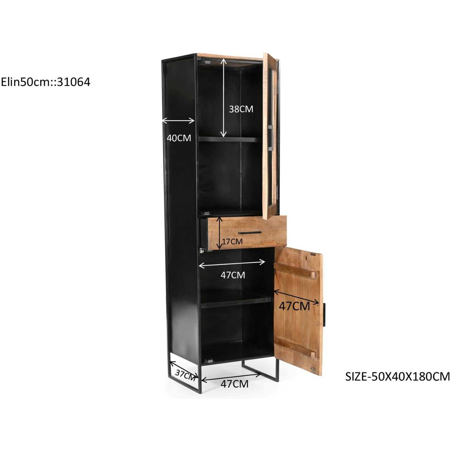 Standvitrine Elena Industrial Mangoholz natur Metall schwarz 50x180