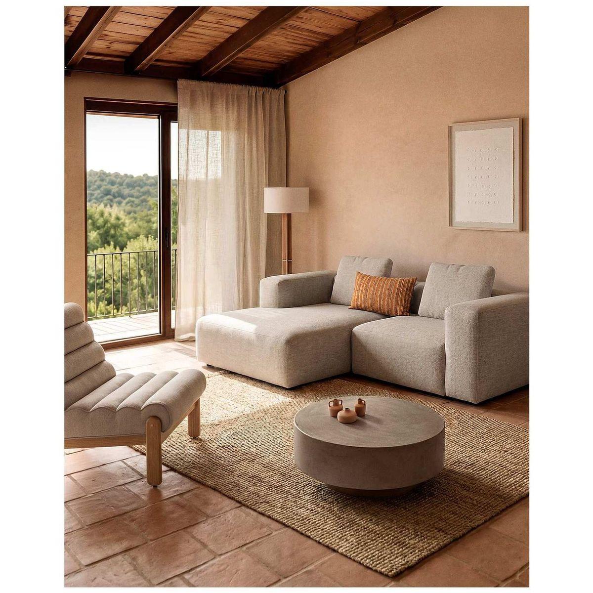 2-Sitzer-Sofa Blok mit Chaiselongue rechts in beiger Chenille 240 cm FSC Mix Credit