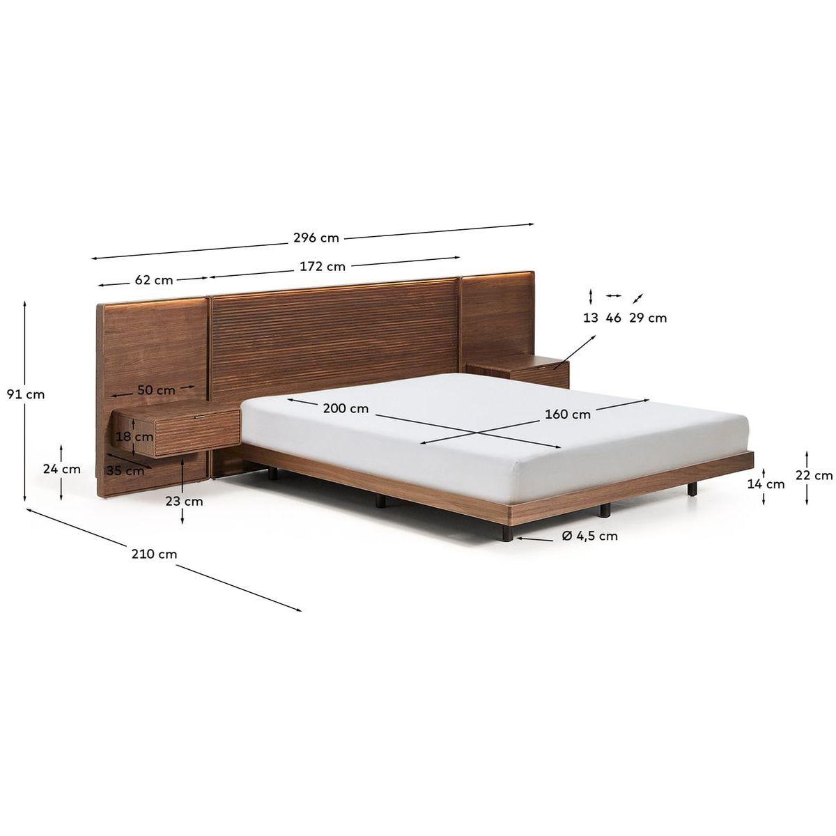 Bettkopfteil Norlen mit zwei Nachttischen aus Nussbaumfurnier mit dunklem Finish und LED-Licht für Betten bis 160 FSC Mix Credit