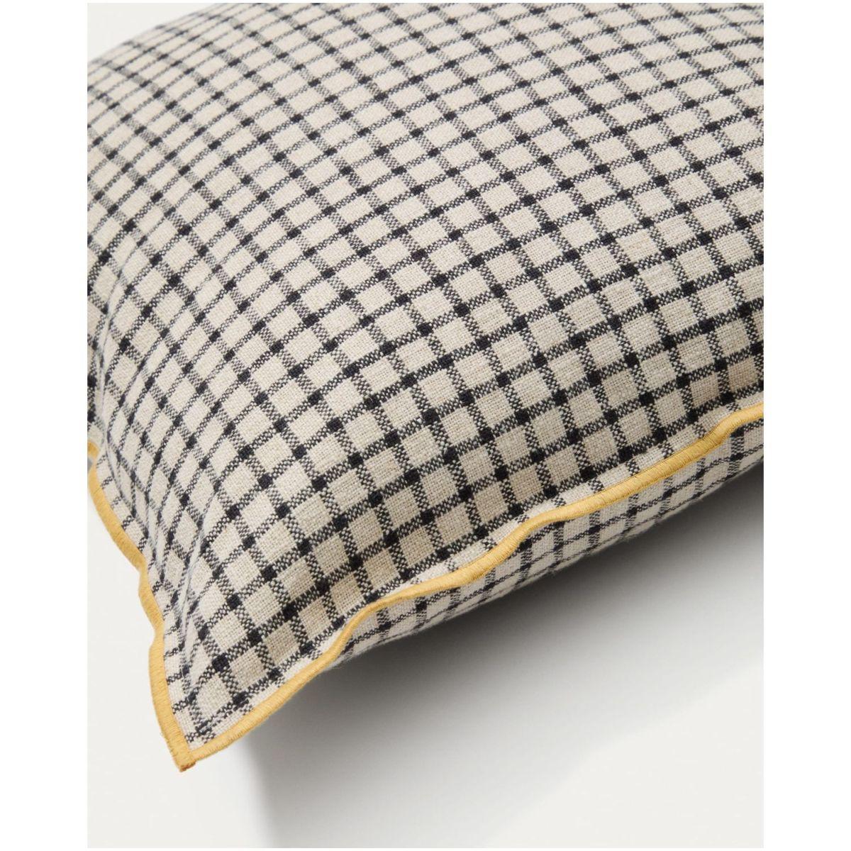 Kissenbezug Airi Leinen und Baumwolle mit Karomuster beige und Kontrastpaspel gelb 45x45