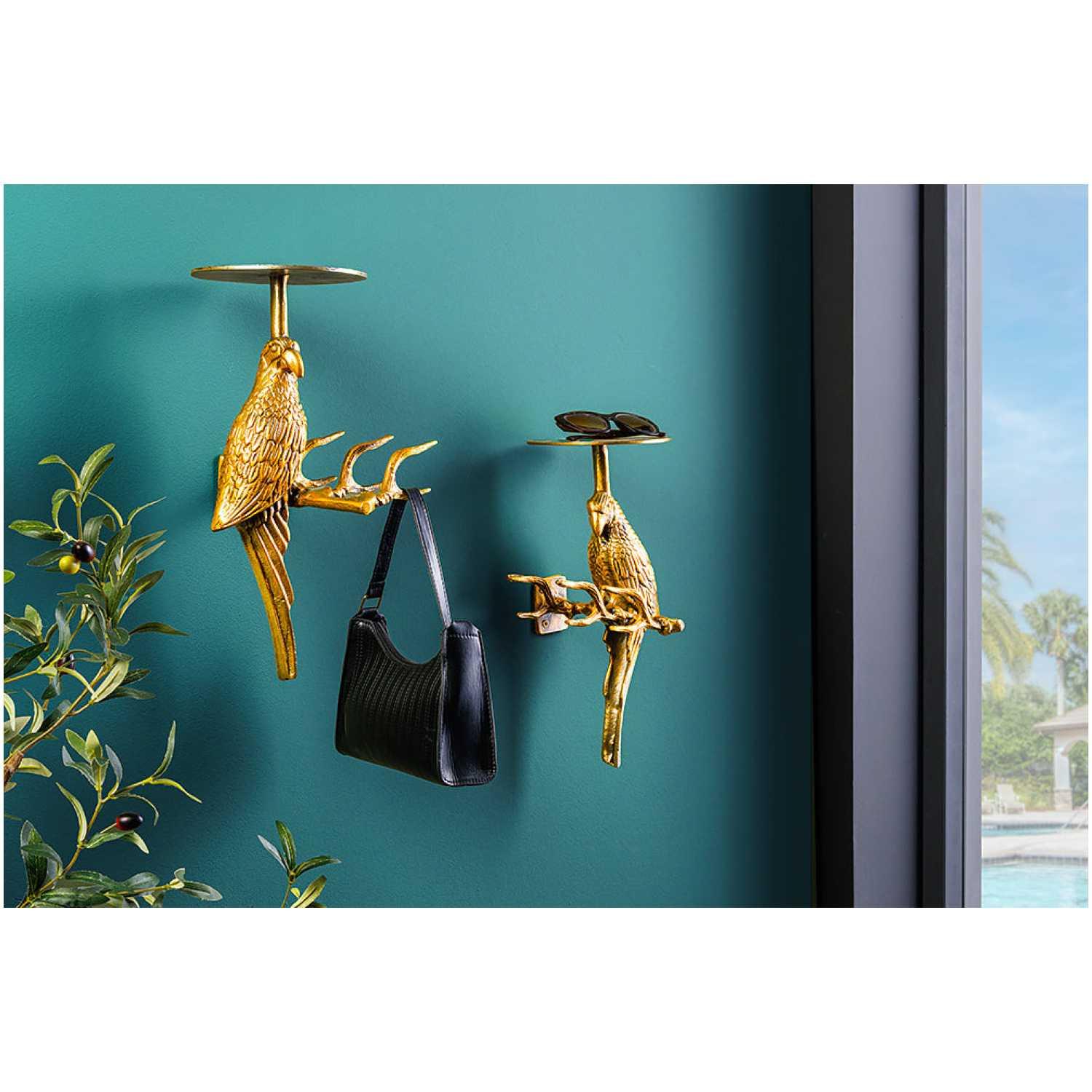 Wandgarderobe mit Ablage Vögel Hammerschlag-Effekt Antikgold (2er-Set)