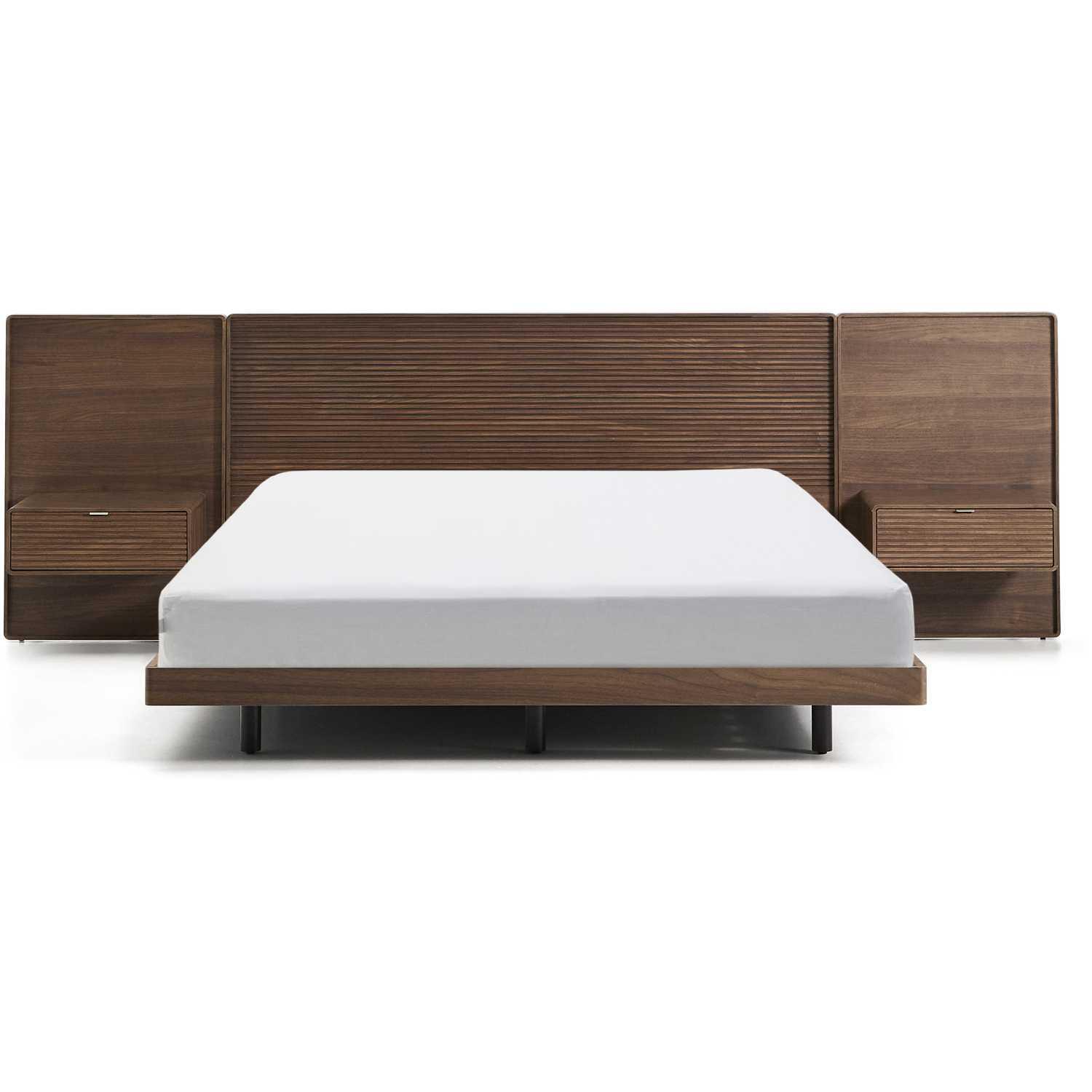 Bett Norlen mit zwei Nachttischen aus Nussbaumfurnier mit dunklem Finish und LED-Licht für Matratzen 160x200 FSC Mix Credit
