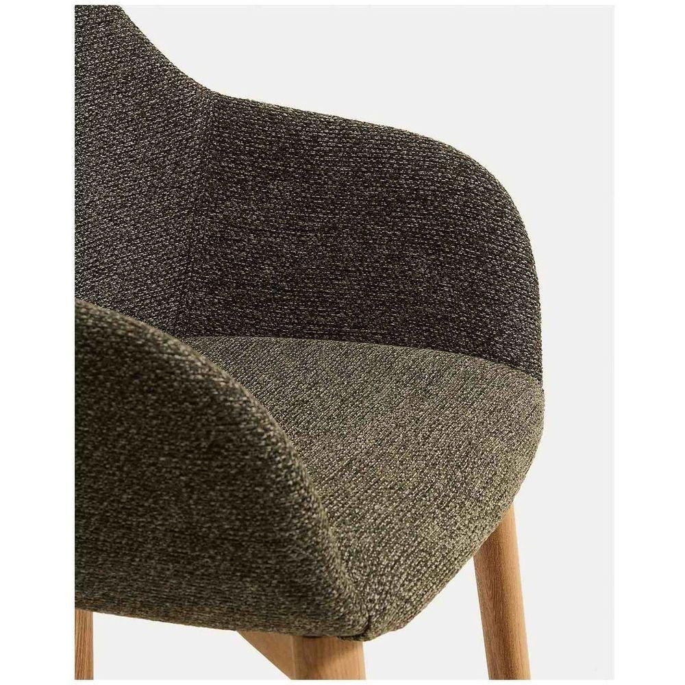 Armlehnenstuhl Meila mit grüner Chenille und Beinen aus massivem Eschenholz mit naturfarbenem Finish