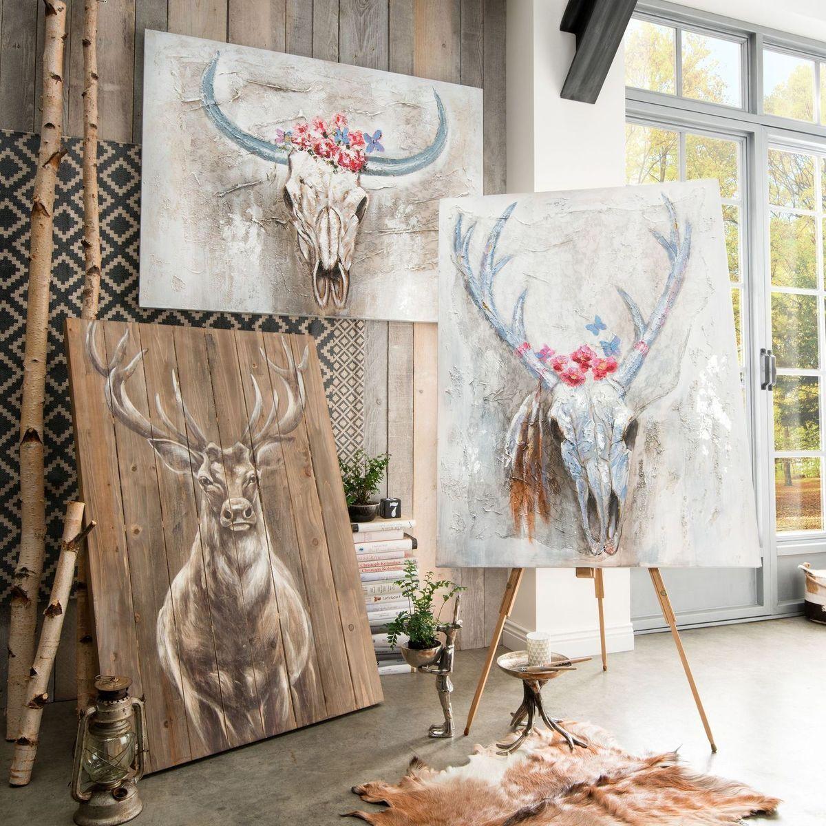 Wandbild auf Holz Hirsch Acrylfarben 80x120