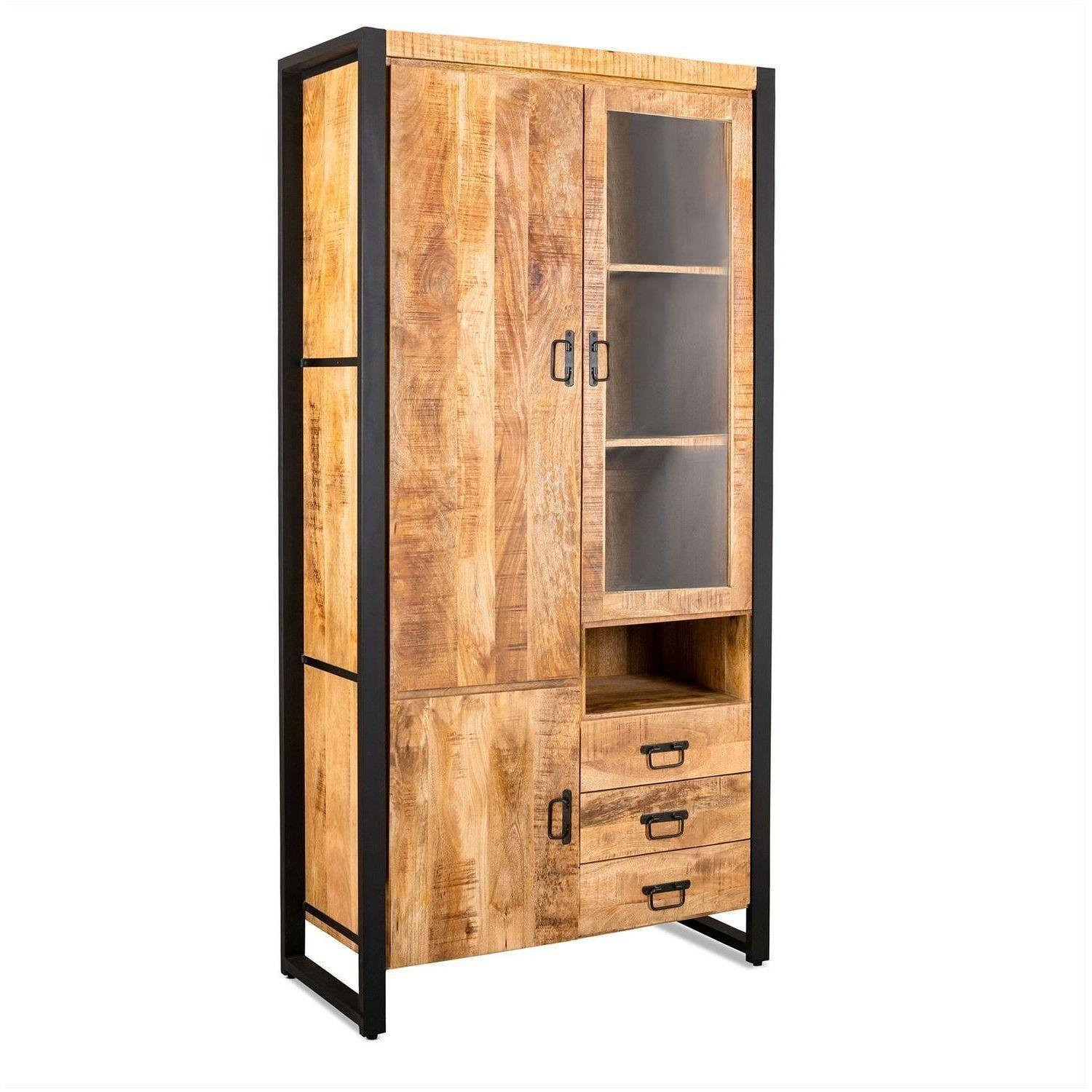 Standvitrine Iron Loft Mangoholz vintage Eisen 105x205 Türe rechts