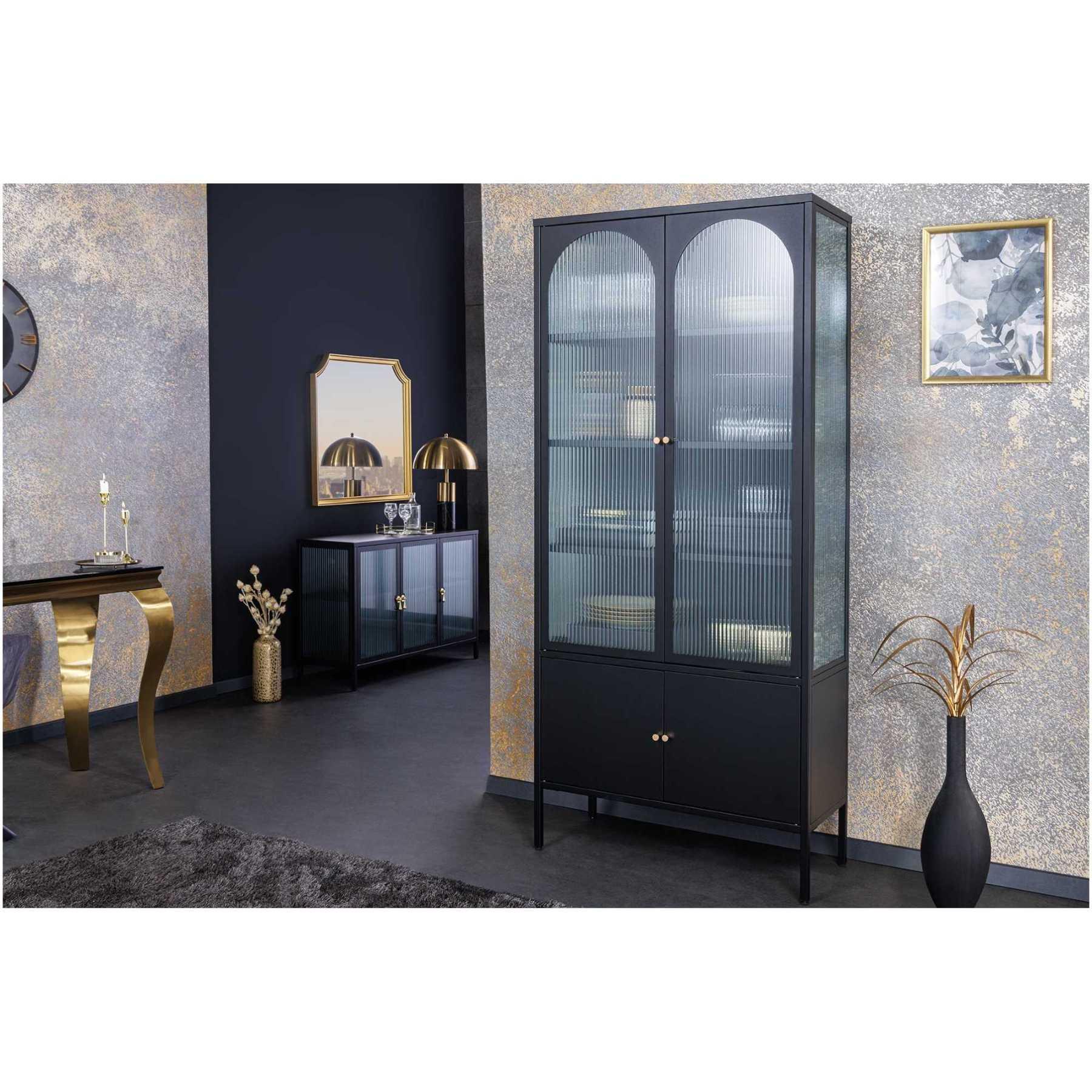 Standvitrine Cologne Metall schwarz geriffeltes Glas 80x180