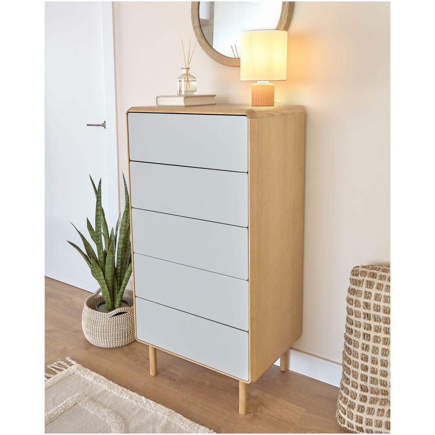 Hochkommode Anielle massiv Esche und Furnier weiss-grau natur 66x117