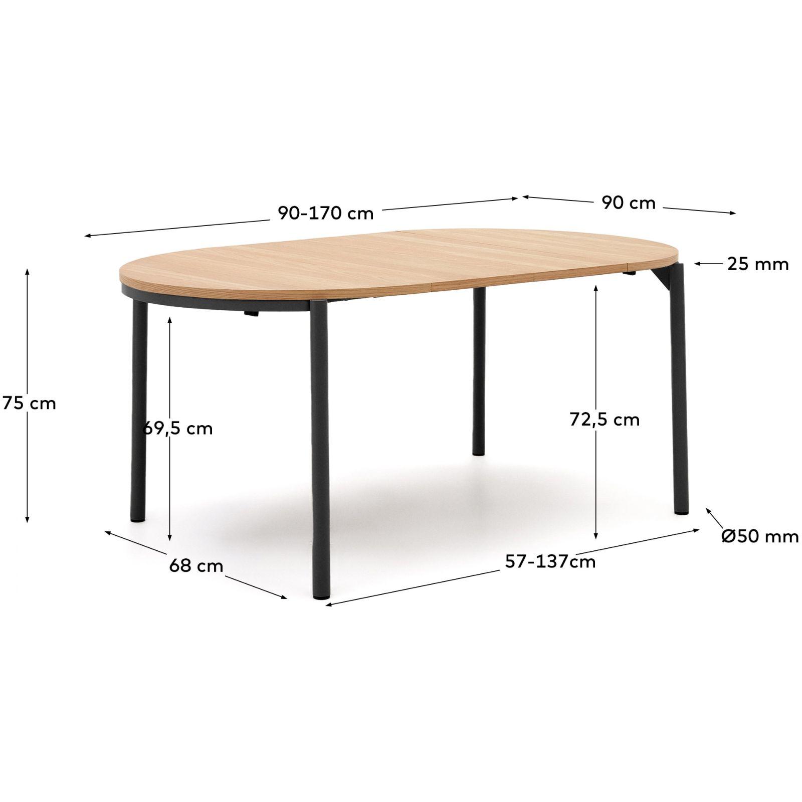 Ausziehtisch rund Montuiri Eichenfurnier natur Stahlbeine schwarz 90-130x90