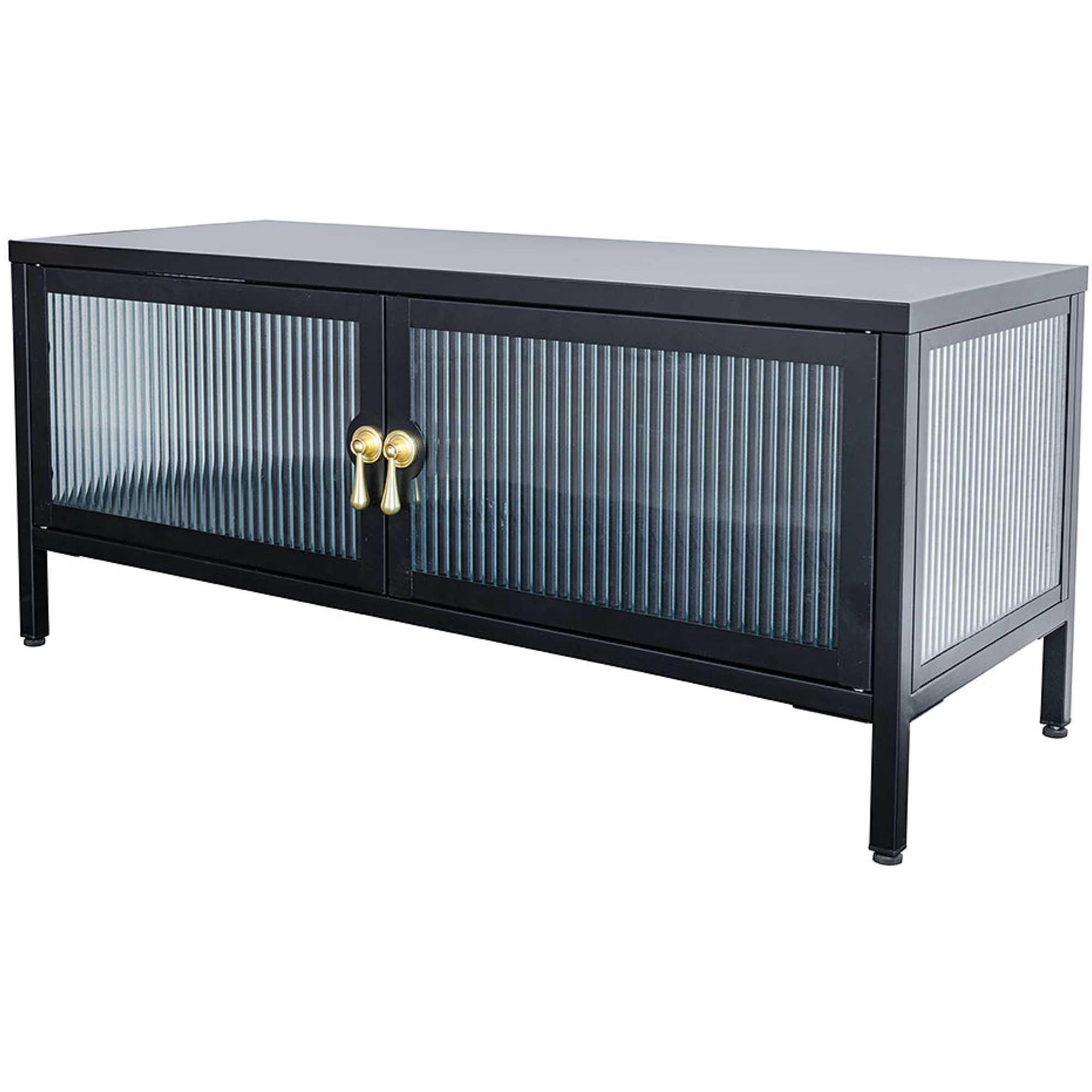 Standvitrine Lowboard London Metall schwarz geriffeltes Glas 90