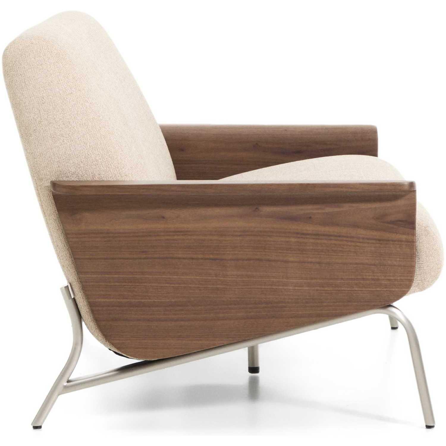 2-Sitzer-Sofa Amsen Nussbaumfurnier Chenille Stoff hellbraun Beine Edelstahl gebürstetet 150 FSC 100%