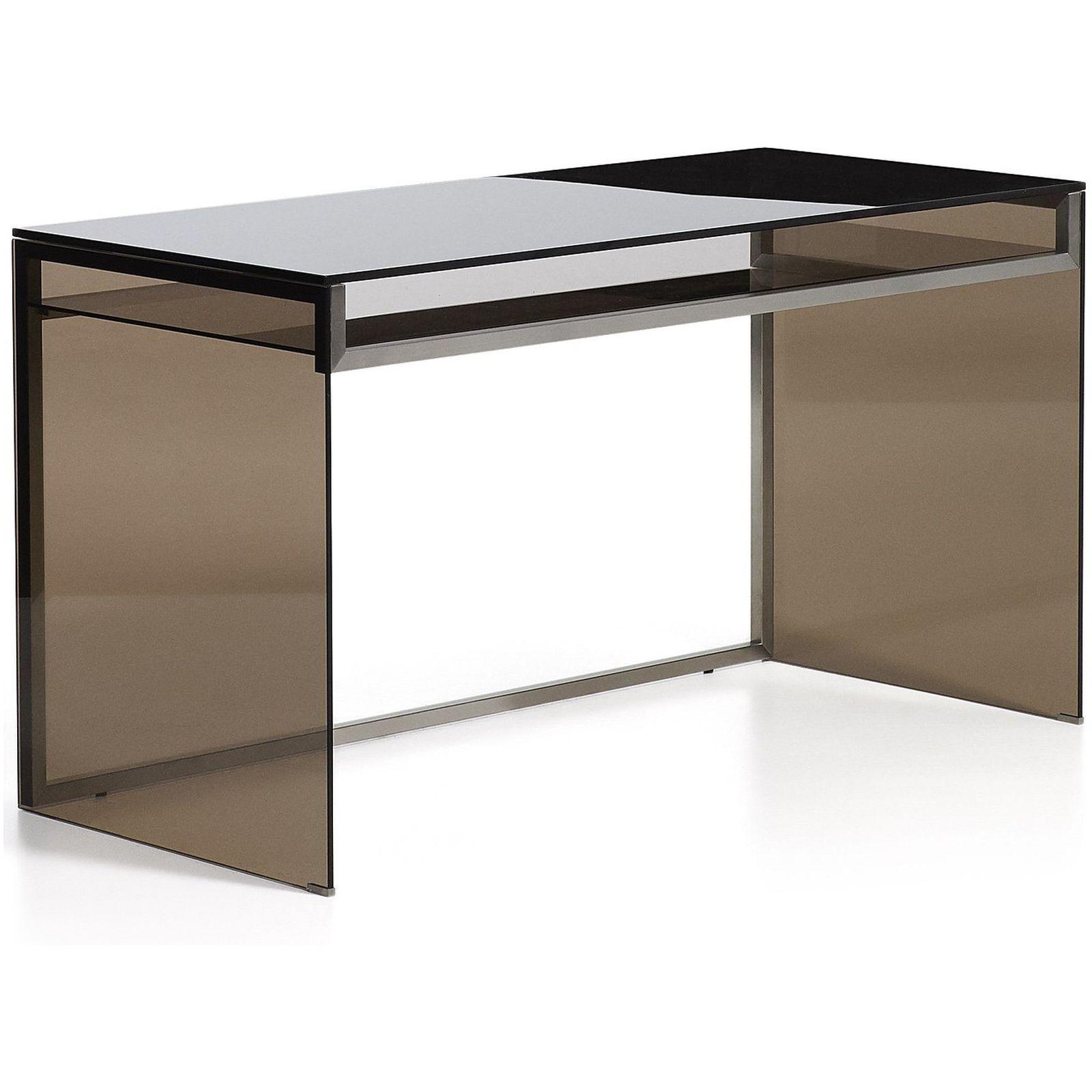 Schreibtisch Adile aus gehärtetem Glas in Braun und Edelstahl 142x77
