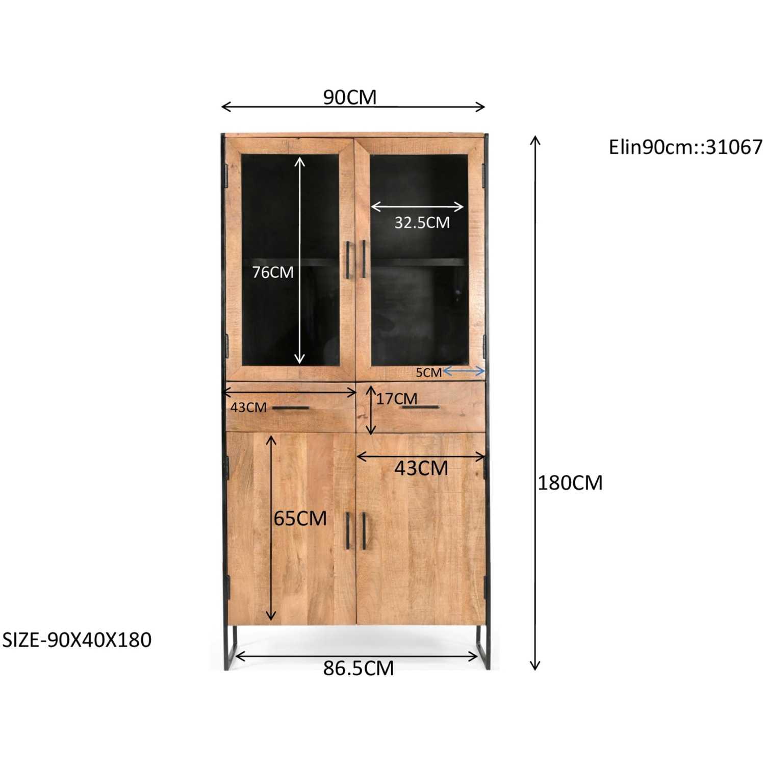 Standvitrine Elena Industrial Mangoholz natur Metall schwarz 90x180