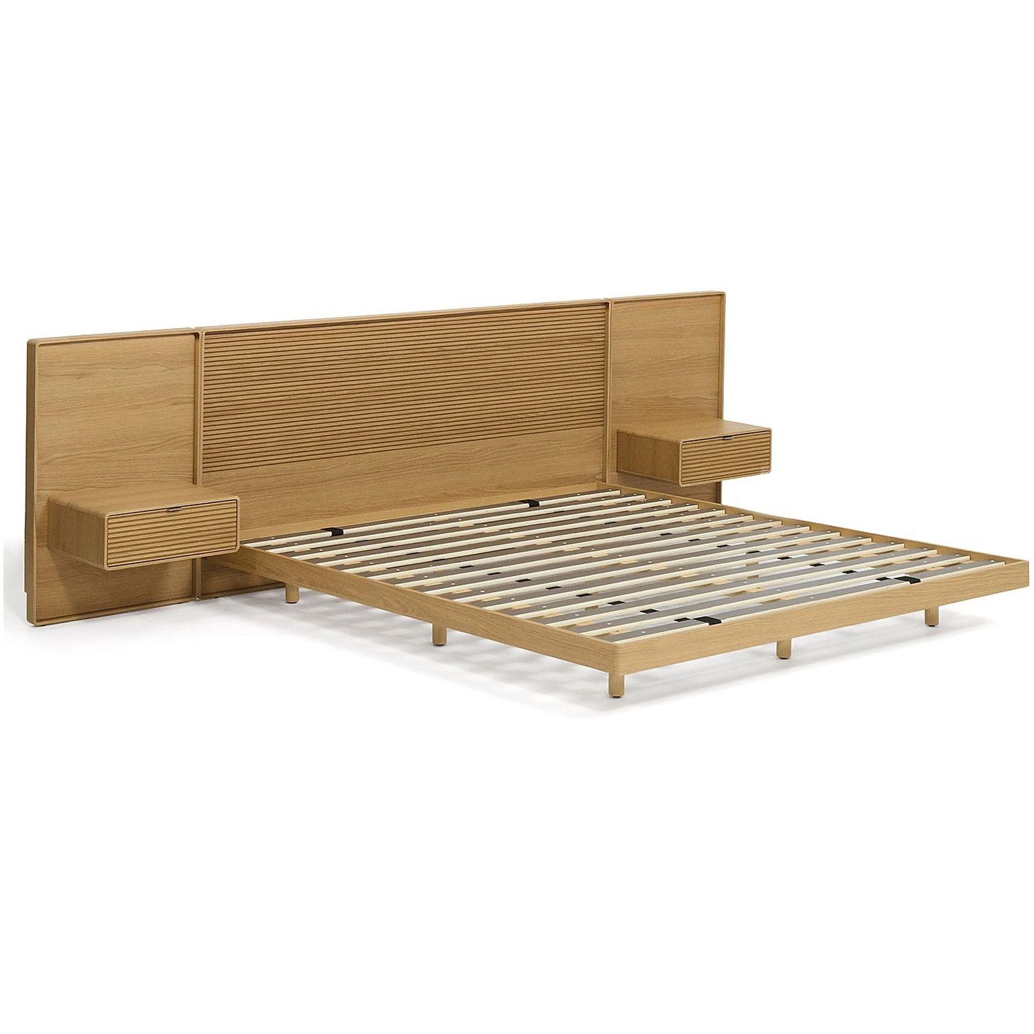 Bett Norlen mit 2 Nachttischen aus Eichenfurnier mit naturfarbenem Finish und LED-Licht für Matratzen 180x200 FSC Mix Credit
