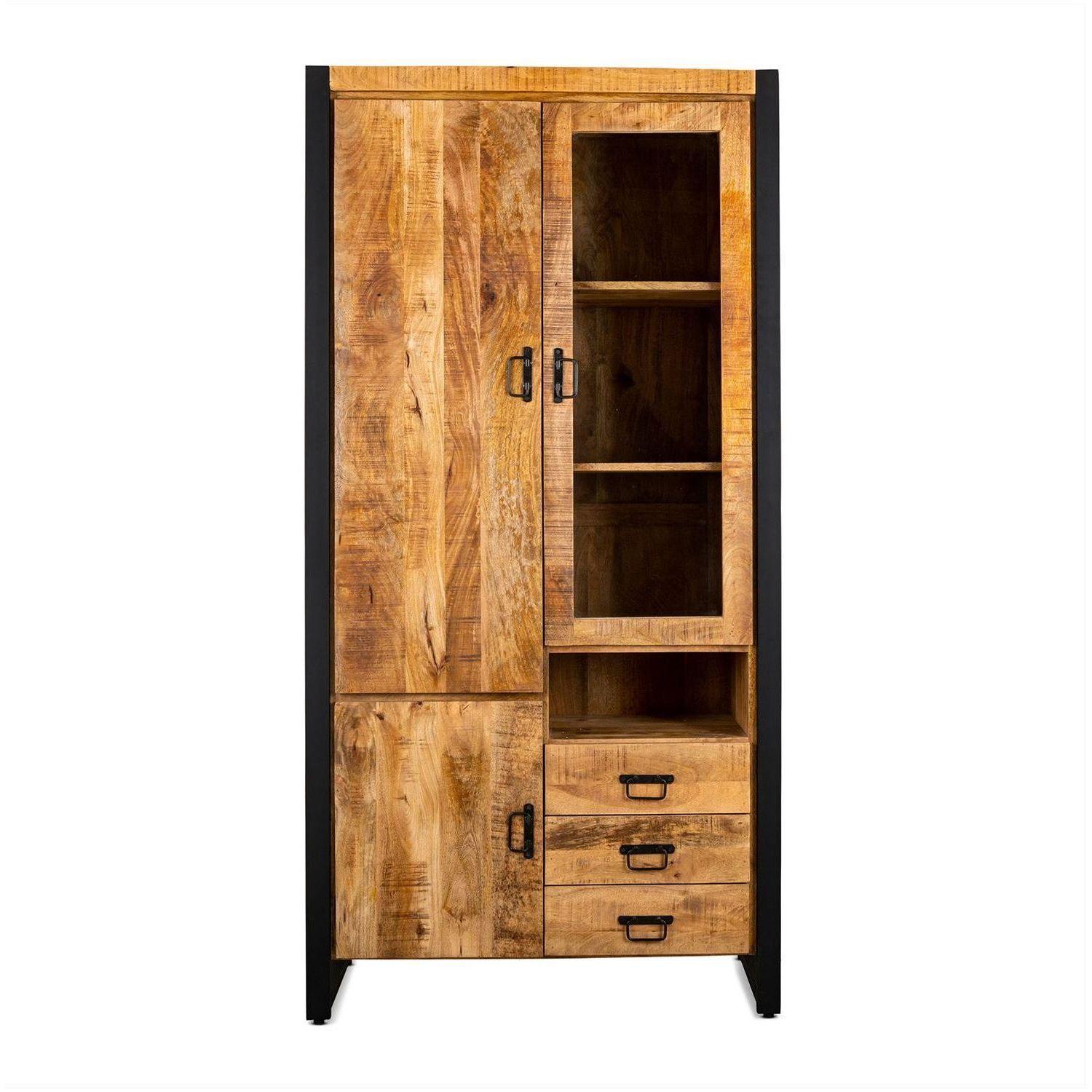 Standvitrine Iron Loft Mangoholz vintage Eisen 105x205 Türe rechts