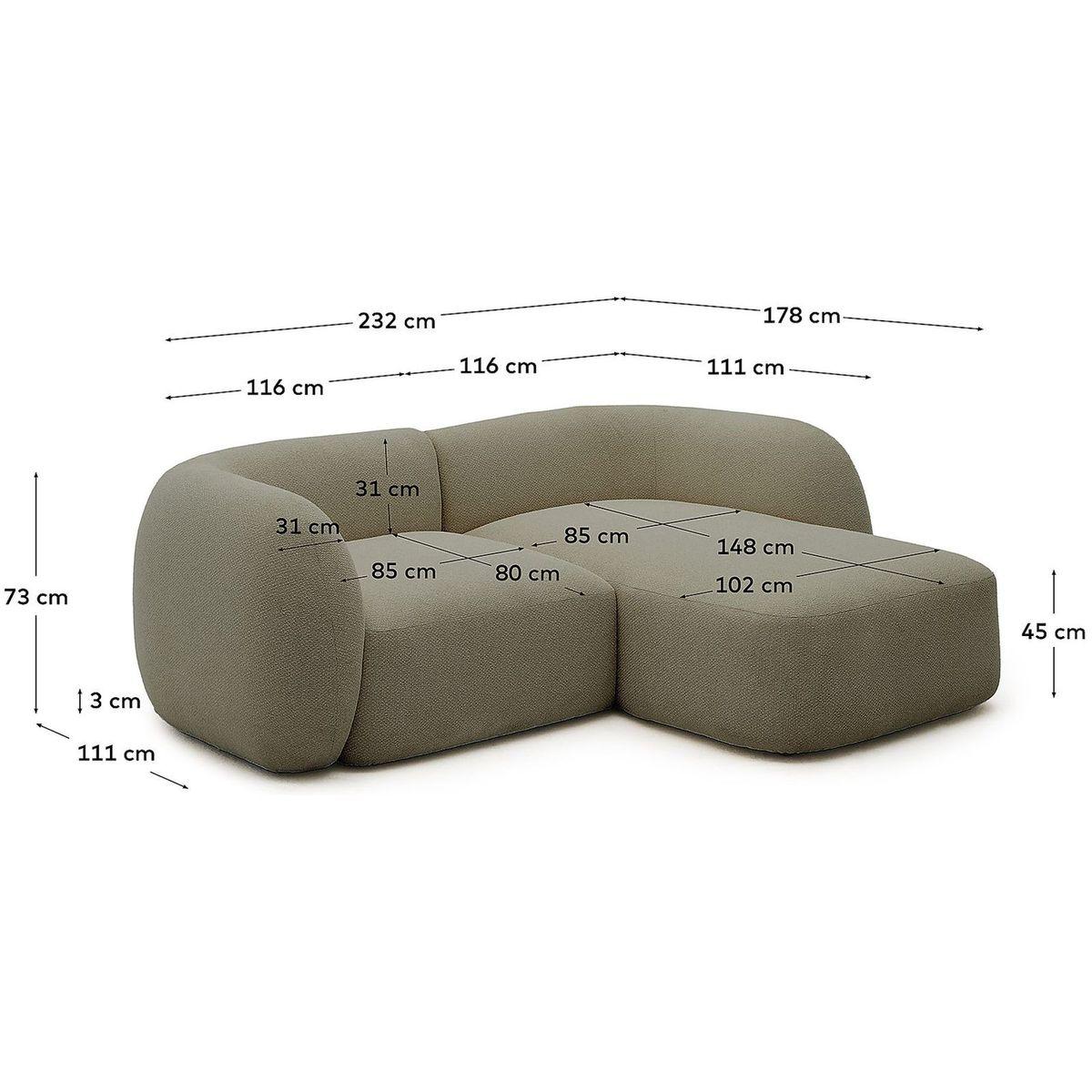 2-Sitzer-Modularsofa Martina mit Chenille und Chaiselongue rechts in Grün 230 cm