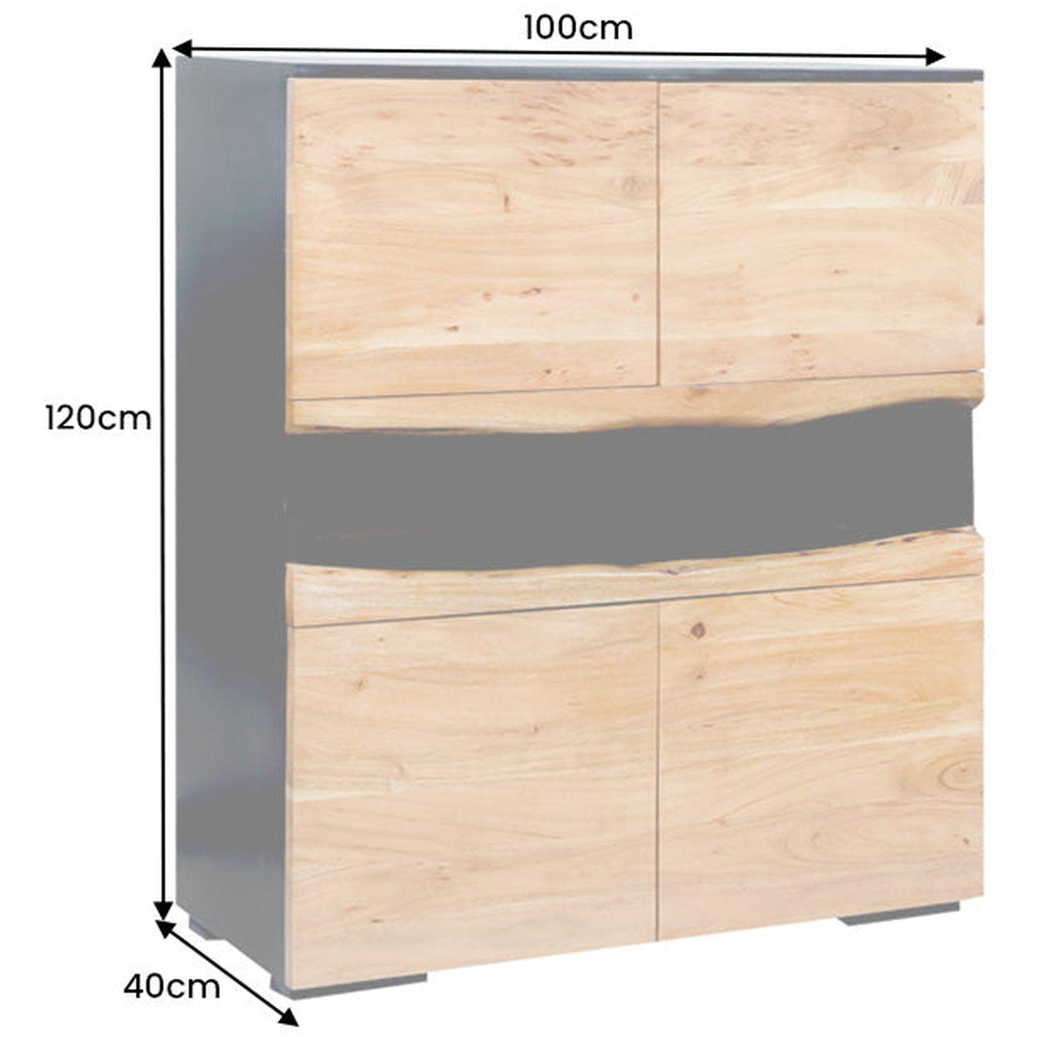 Hochkommode Baumkante Unikat Akazienholz natur schwarz 100x120 (mit LED Beleuchtung)