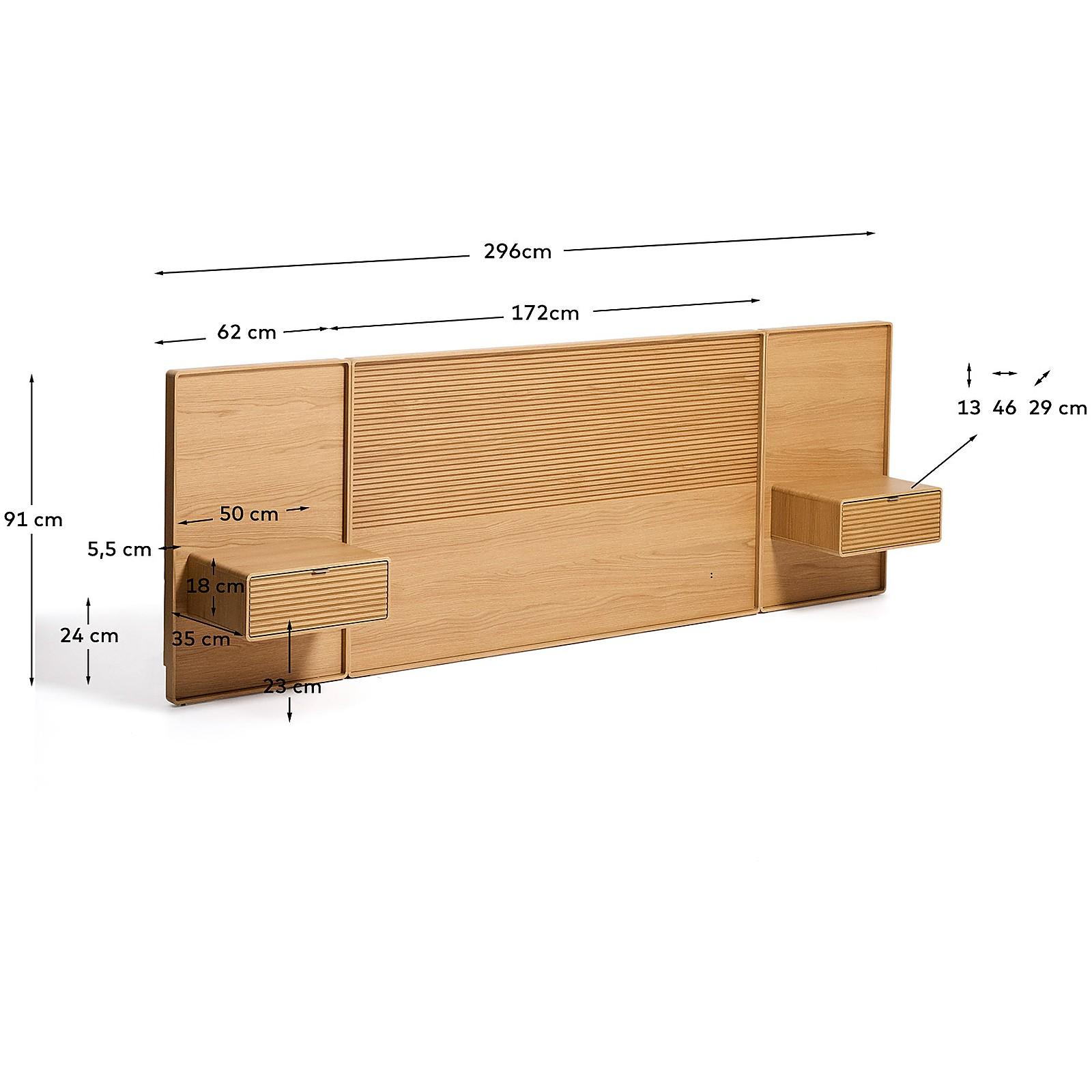 Bettkopfteil Norlen mit 2 Nachttischen aus Eichenfurnier mit naturfarbenem Finish und LED-Licht für Betten bis zu 160 FSC Mix Credit