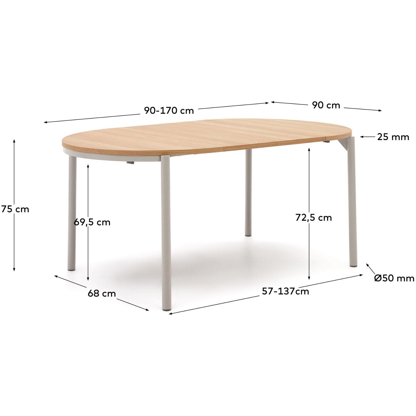 Ausziehtisch rund Montuiri Eichenfurnier natur Stahlbeine grau 90-130x90