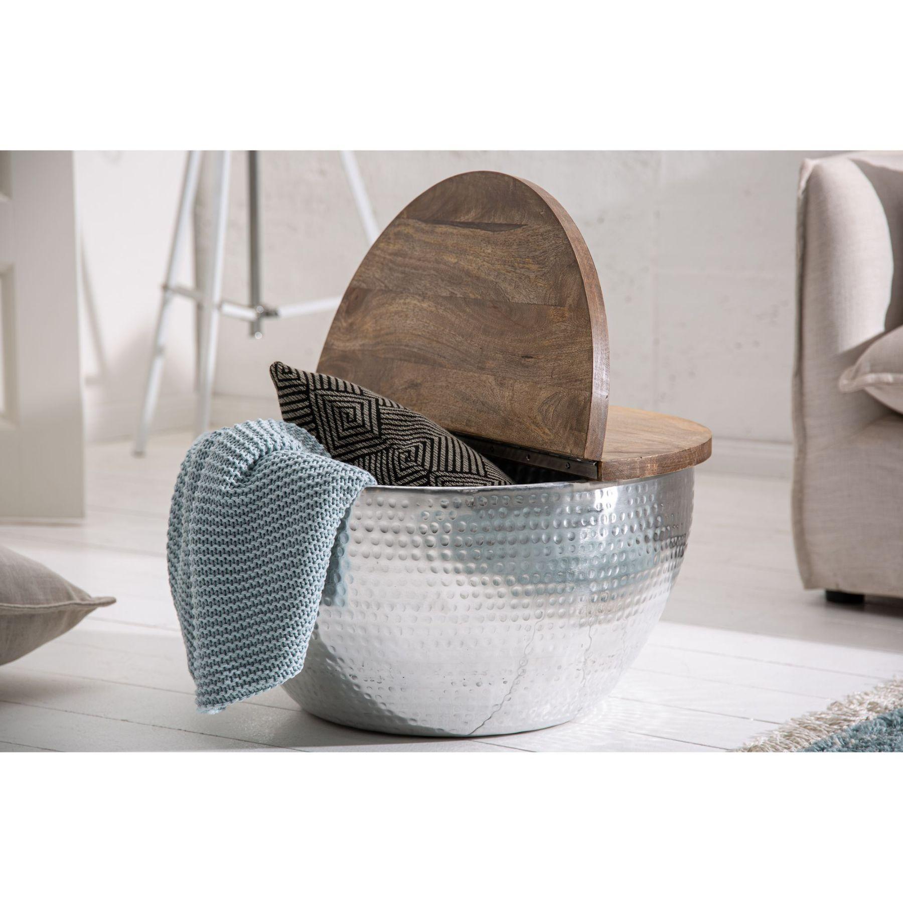 Couchtisch rund Bazzar Storage 60x60 Mangoholz Aluminium silber