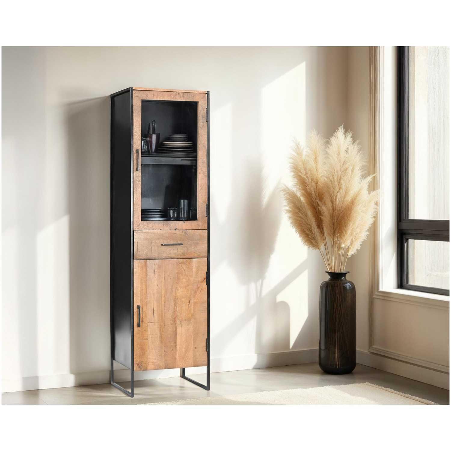 Standvitrine Elena Industrial Mangoholz natur Metall schwarz 50x180