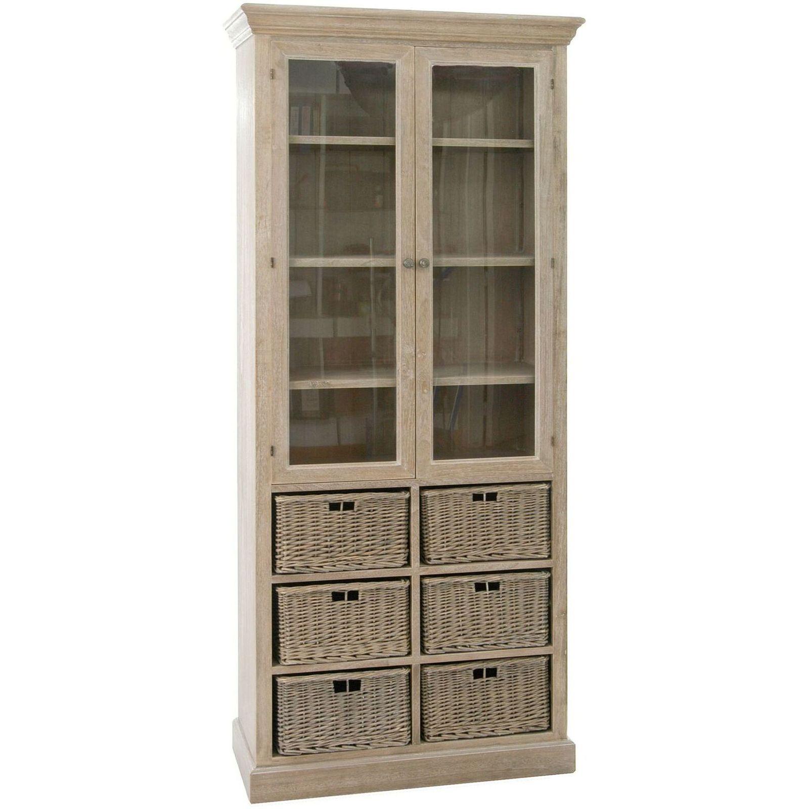 Vitrinenschrank Farm Holz vintage grau 85x205 (mit Rattan Körbe)