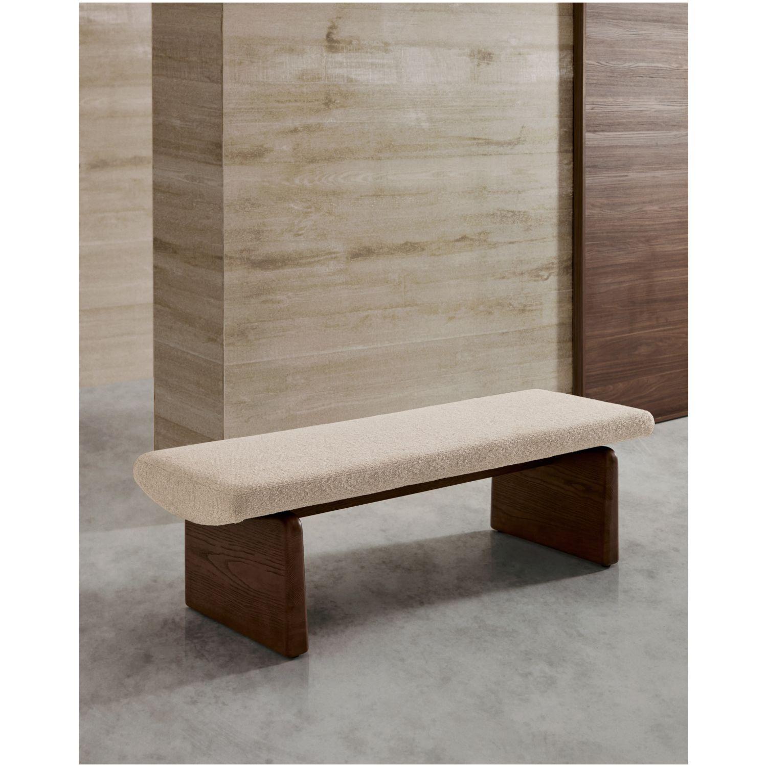 Polsterbank Topaz beiger Chenille und massives Eschenholz mit Walnuss-Finish 150cm FSC 100