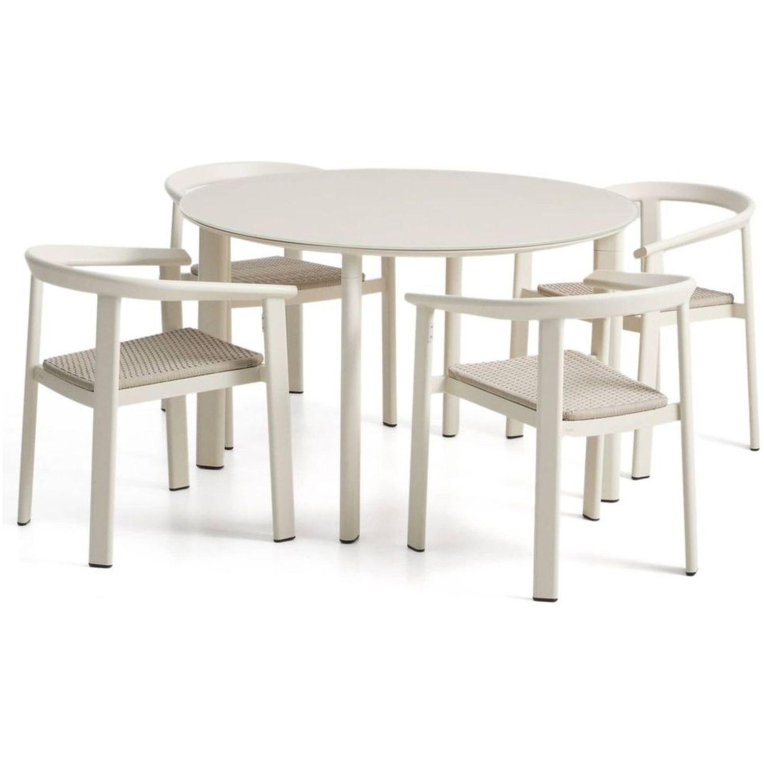 Set Erice mit 4 Stapelstühlen aus Aluminium und Seil und einem Tisch aus Aluminium und gehärtetem Glas in Ecru