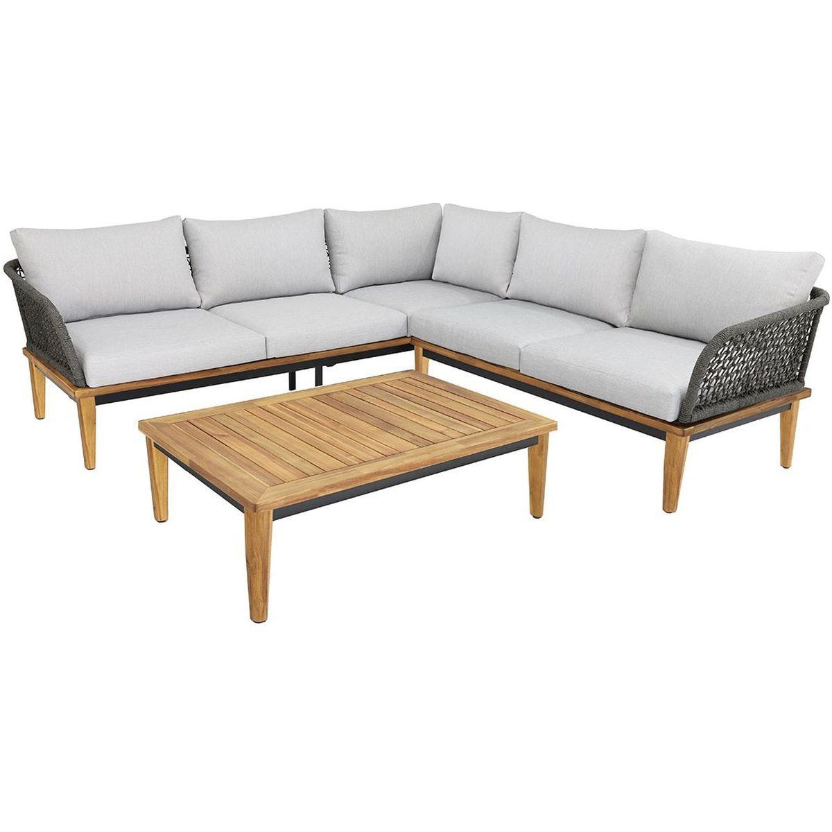 Garten Ecksofa Milano Seil anthrazit Akazienholz Kissen hellgrau (mit Funktion)