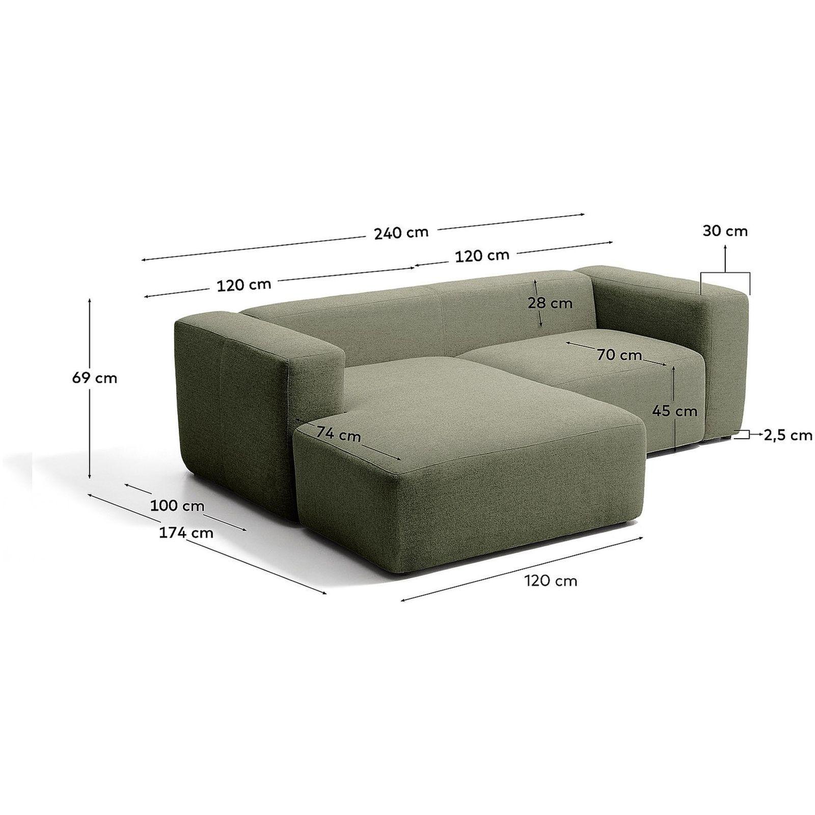 2-Sitzer-Sofa Blok mit Chaiselongue links in moosgrüner Chenille 240 cm FSC Mix Credit