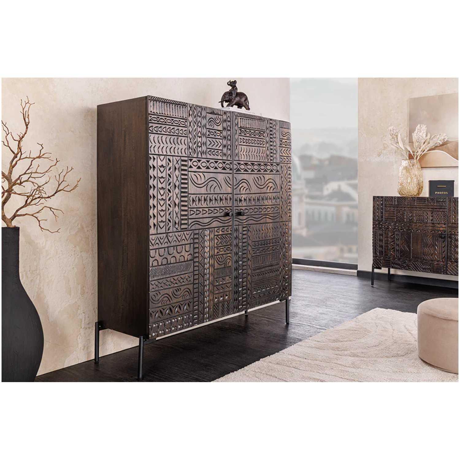 Hochkommode Vintage Ornament Mangoholz braun 100x120
