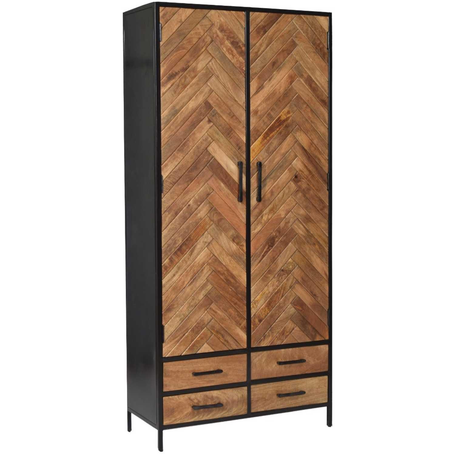 Hochschrank Fischgrät Industrial Mangoholz natur Metall schwarz 90x200
