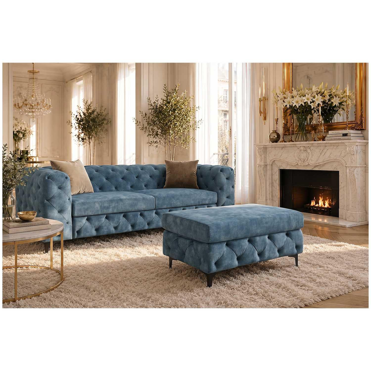 Chesterfield Polsterhocker Pomp Velvet Stoff blau petrol 95x62