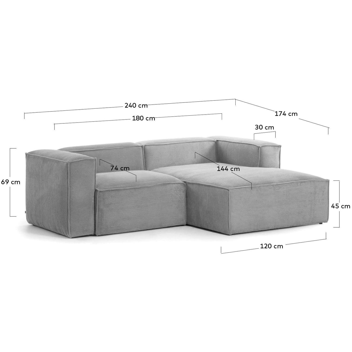 2-Sitzer-Ecksofa Blok mit dickem grauen Cord und Chaiselongue rechts 240x174 FSC Mix Credit