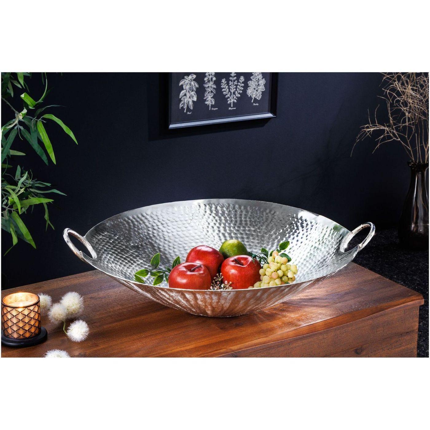 Deko Schale Bazzar mit Griff Hammerschlag silber 57x50
