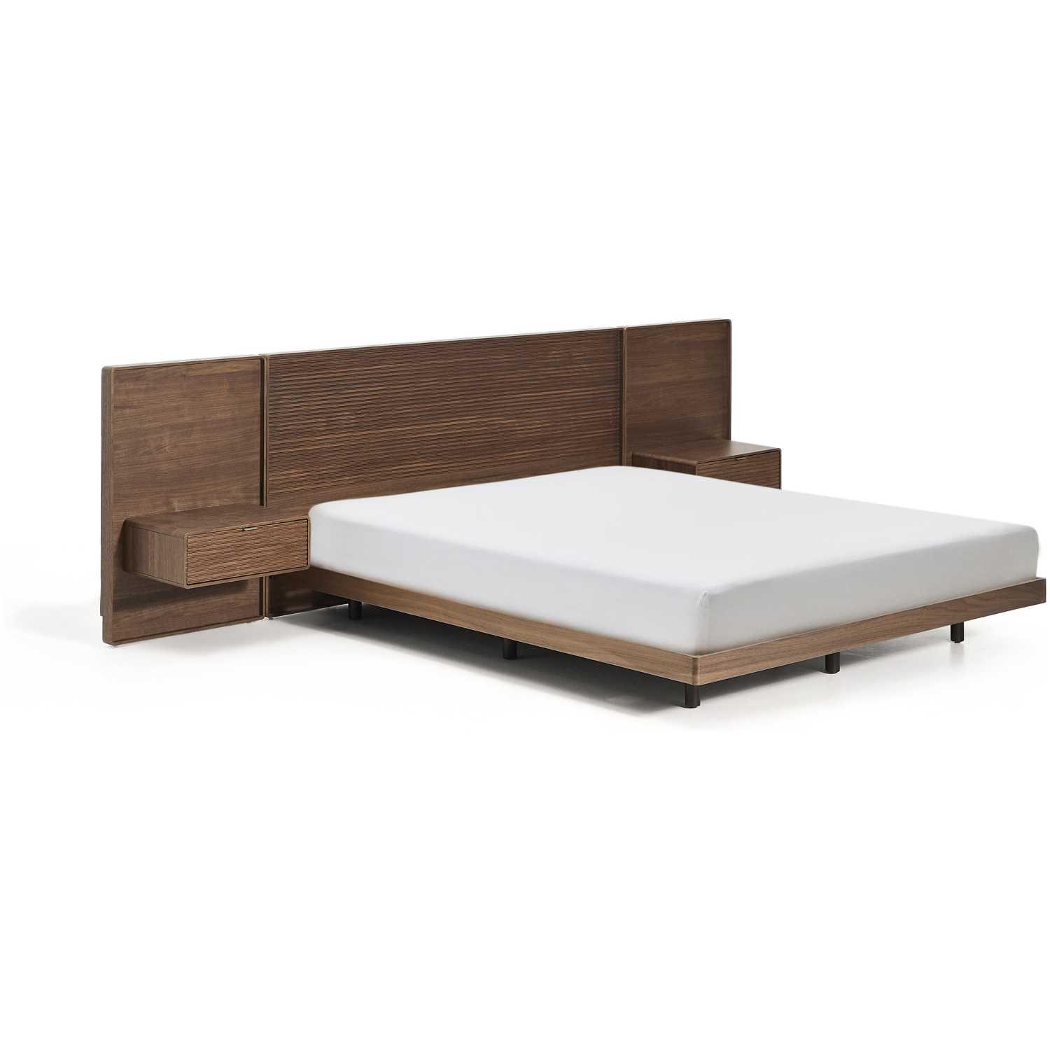 Bett Norlen mit zwei Nachttischen aus Nussbaumfurnier mit dunklem Finish und LED-Licht für Matratzen 160x200 FSC Mix Credit