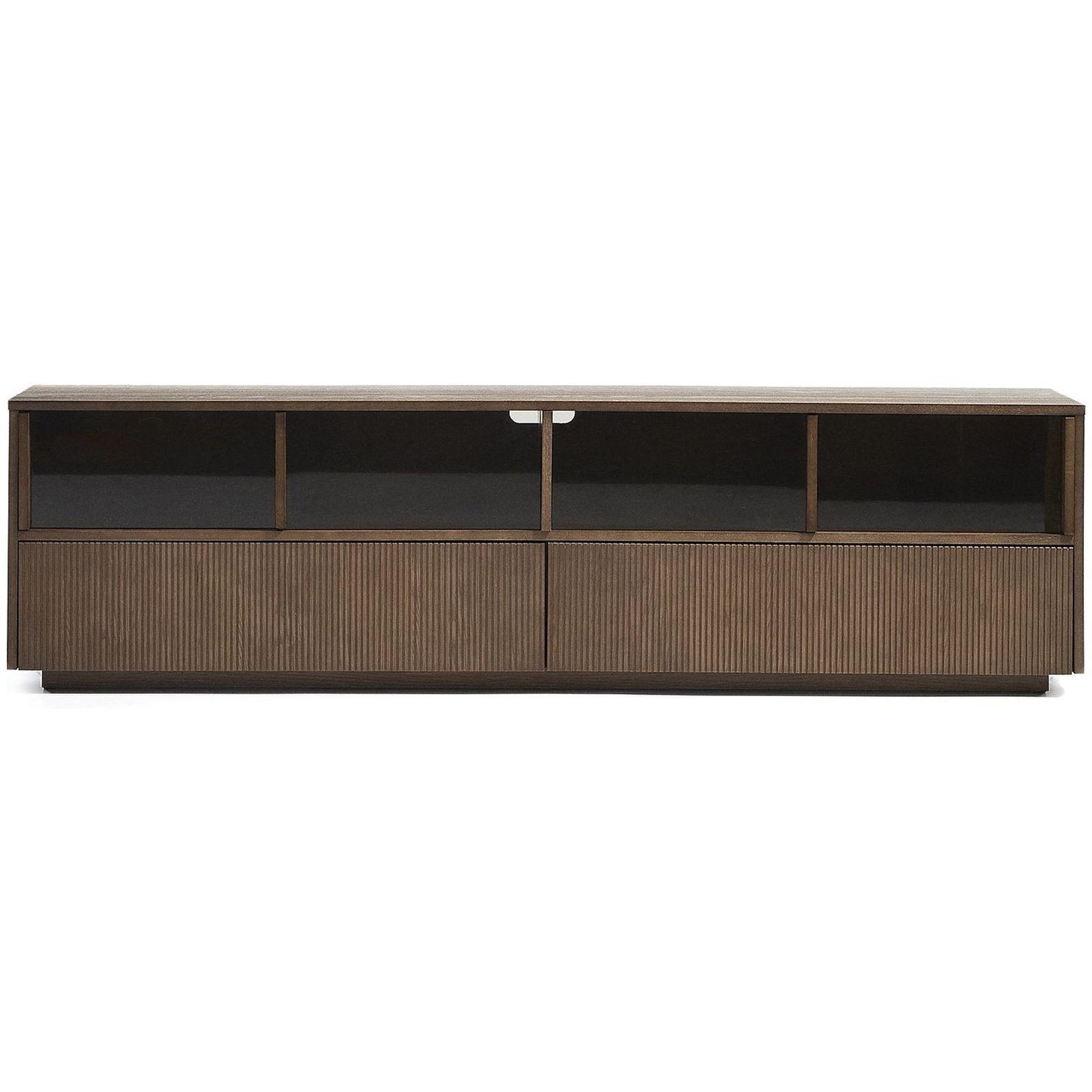 Helvine TV-Möbel 4 Türen und 2 Schubladen Eschenholzfurnier dunkles Nussbaum-Finish und gehärtetem Glas 200x54 FSC 100%