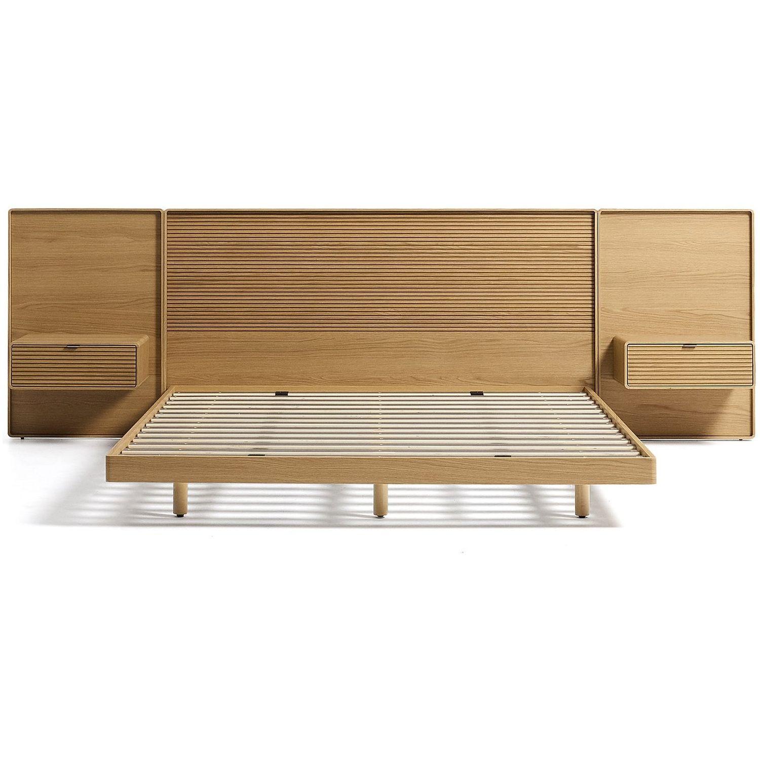 Bett Norlen mit 2 Nachttischen aus Eichenfurnier mit naturfarbenem Finish und LED-Licht für Matratzen 160x200 FSC Mix Credit