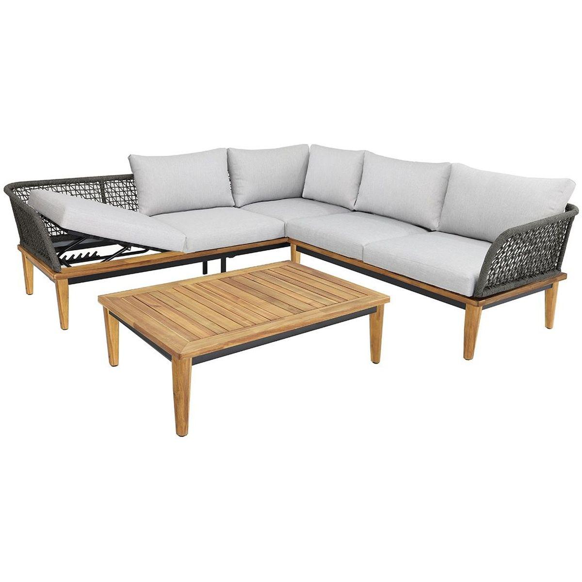 Garten Ecksofa Milano Seil anthrazit Akazienholz Kissen hellgrau (mit Funktion)