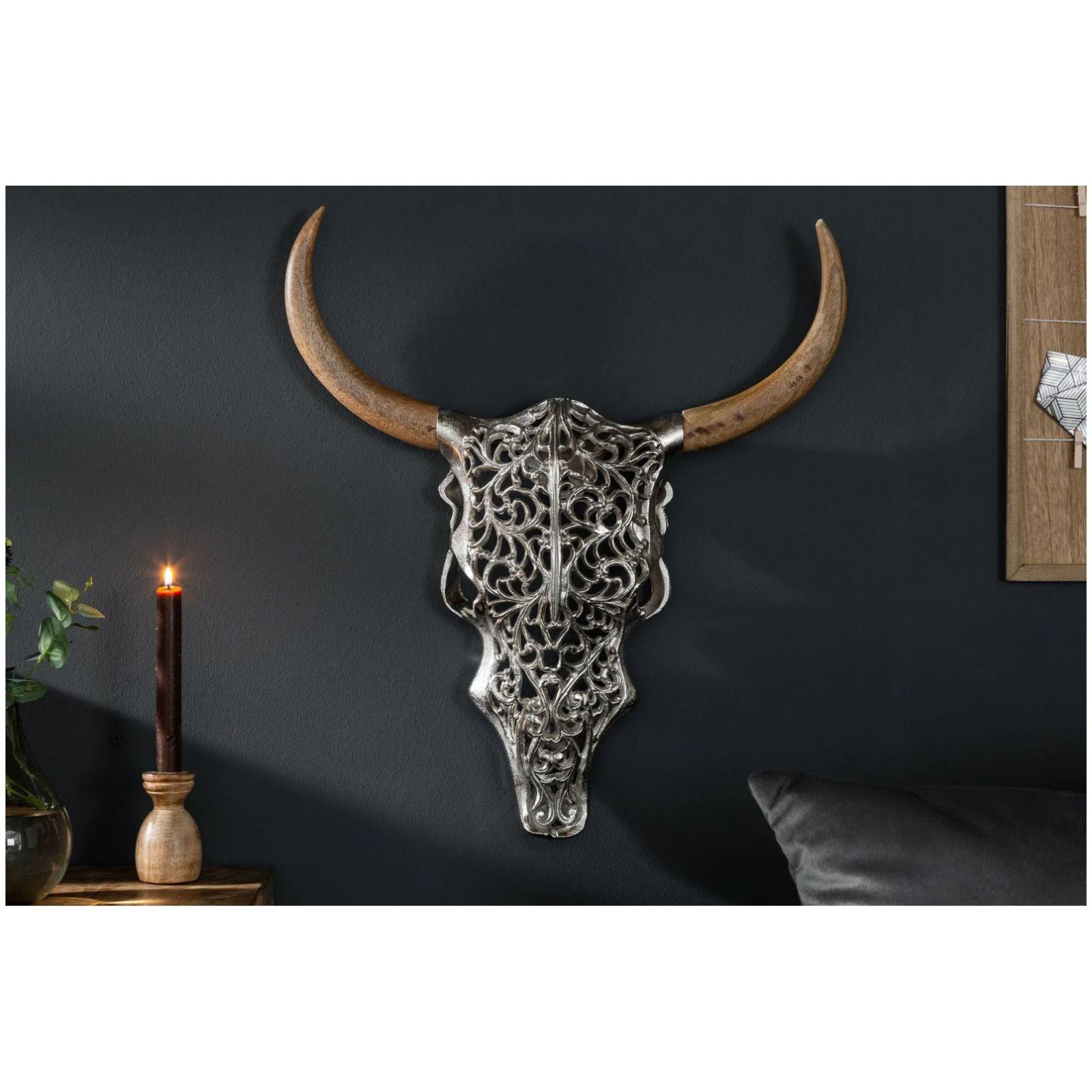 Wanddekoration Exotic Skull 57cm Metall silber Mangoholz